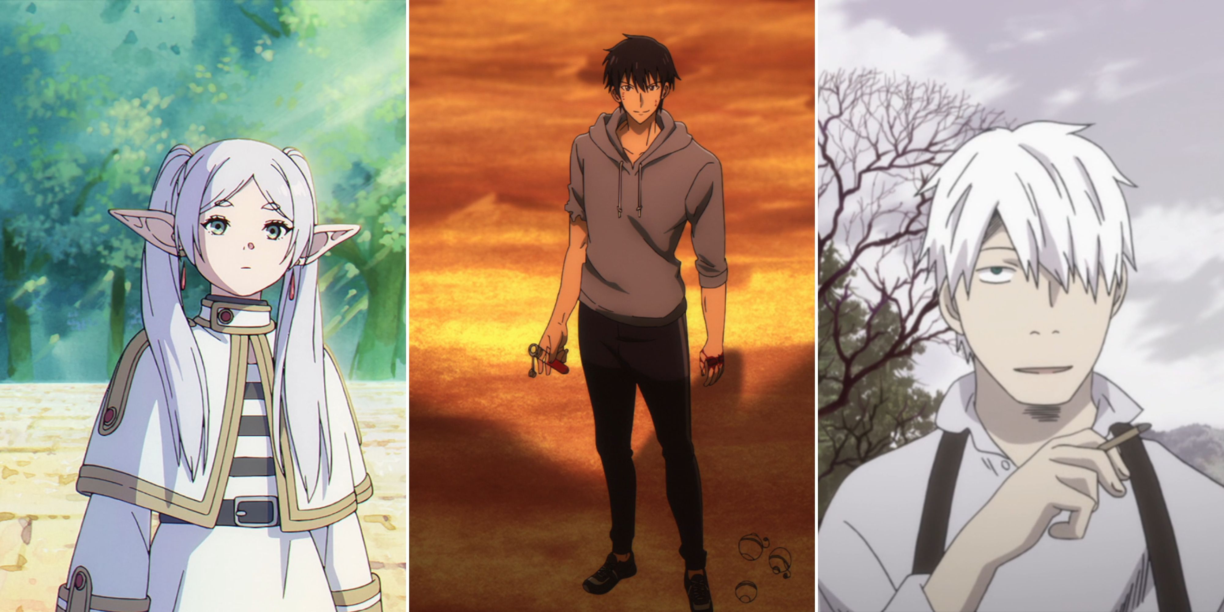 Three screenshots from Frieren, Solo Leveling, and Mushi-shi are lined up.