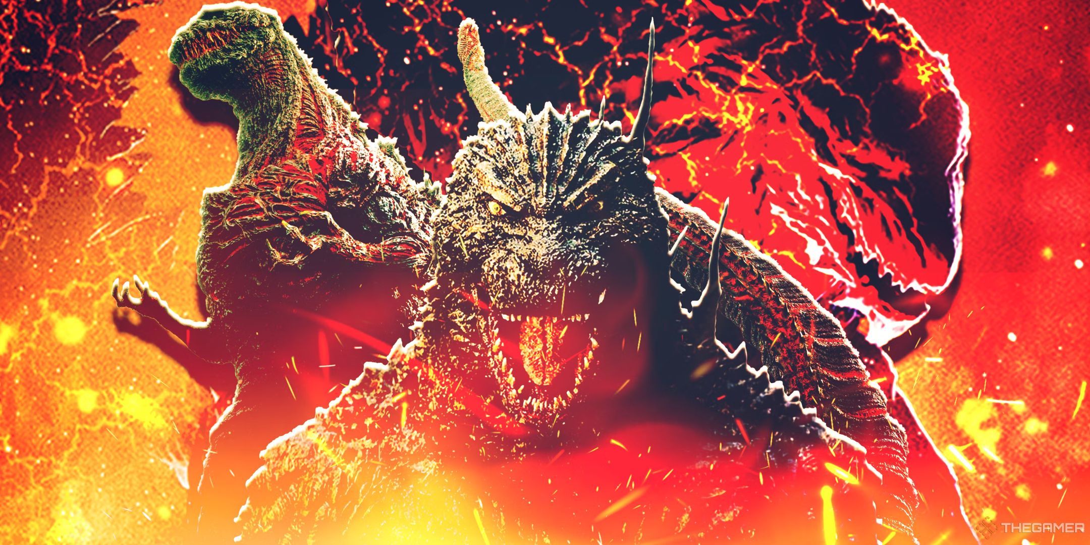 Three versions of Godzilla roar against a background of fire