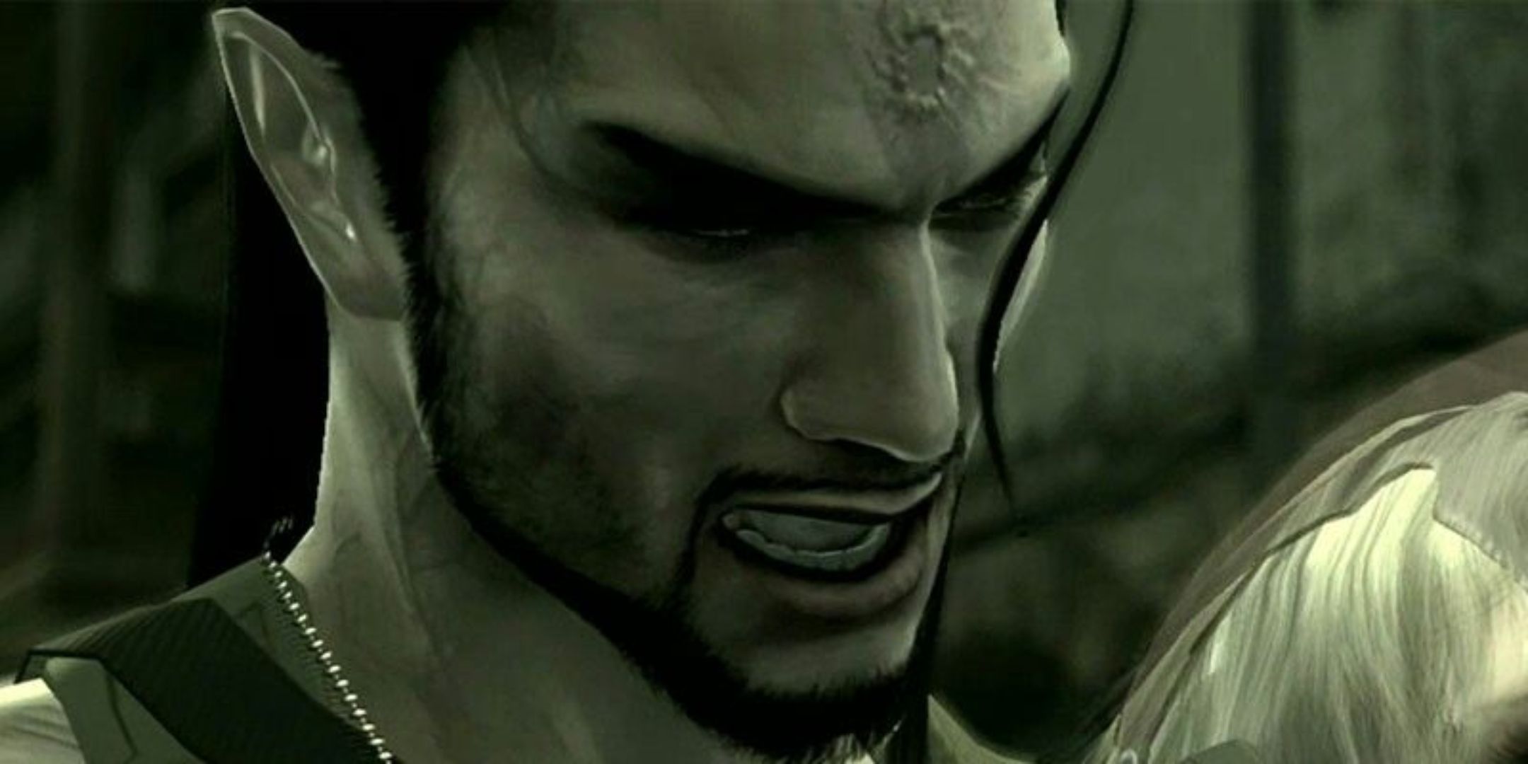 Vamp looking down at Raiden in Metal Gear Solid 4.