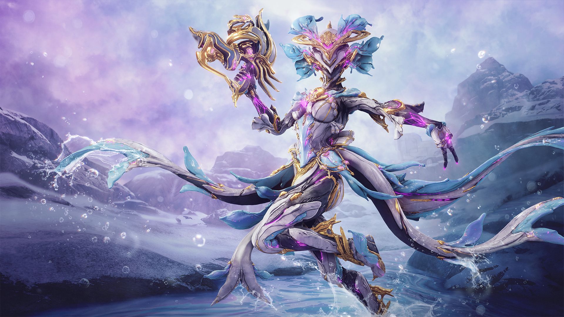 Yareli Prime wielding the Kompressa Prime pistol in Warframe.