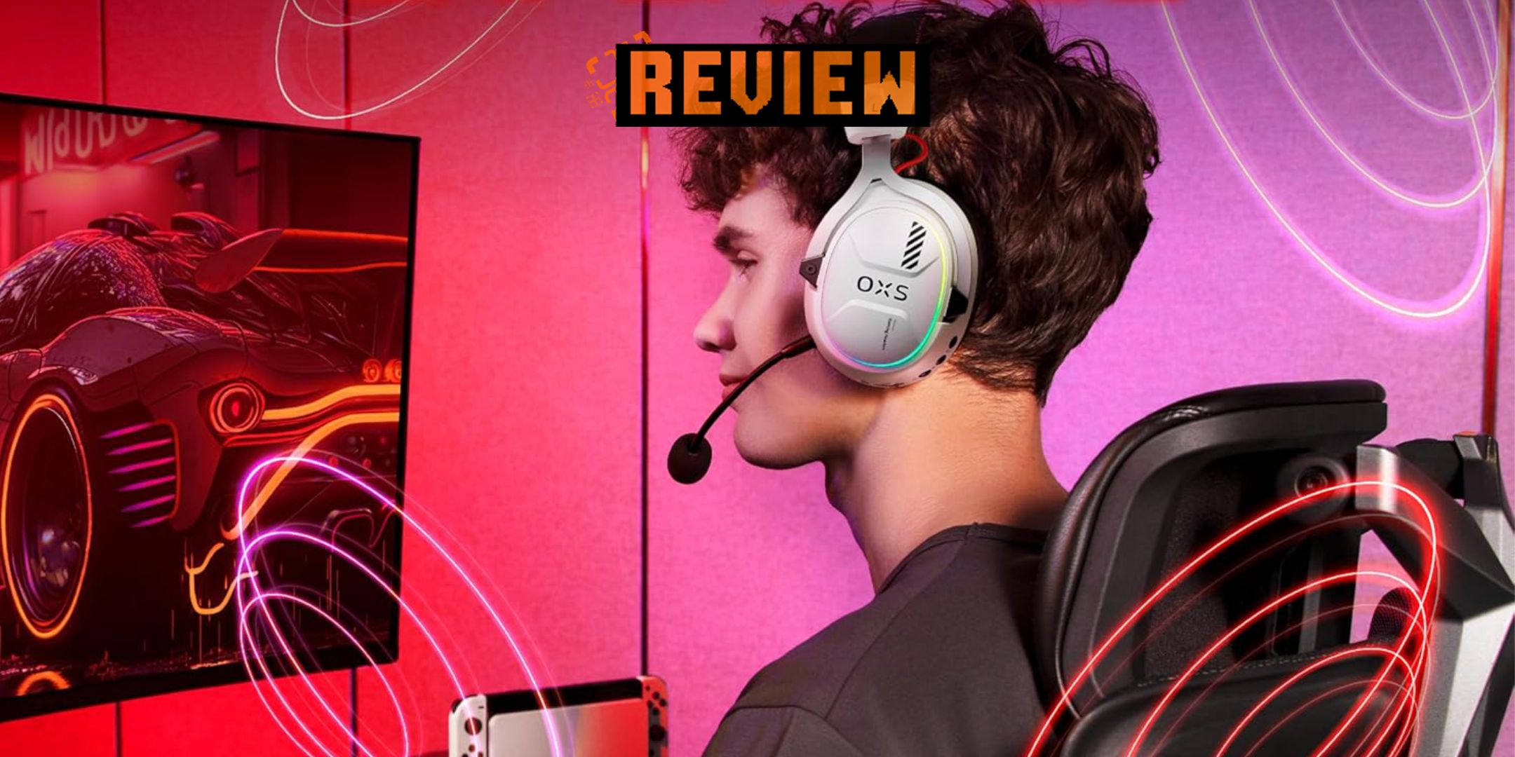 White and Black OXS Storm G2 ad image of person wearing headset sat at a desk with review banner.