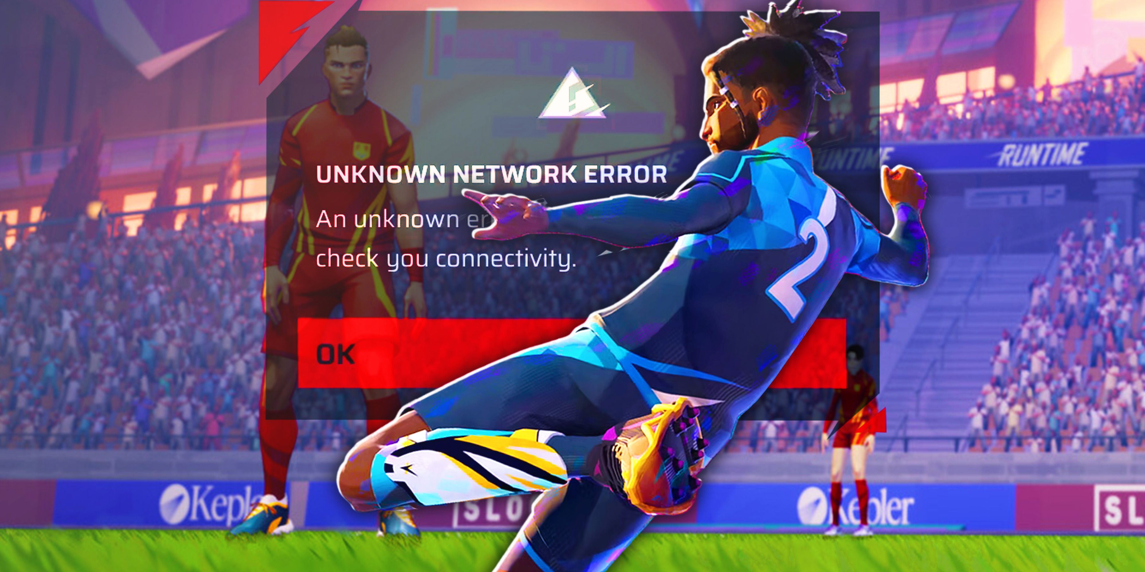 football player kicking a ball in a stadium, with a disconnection error in the background.
