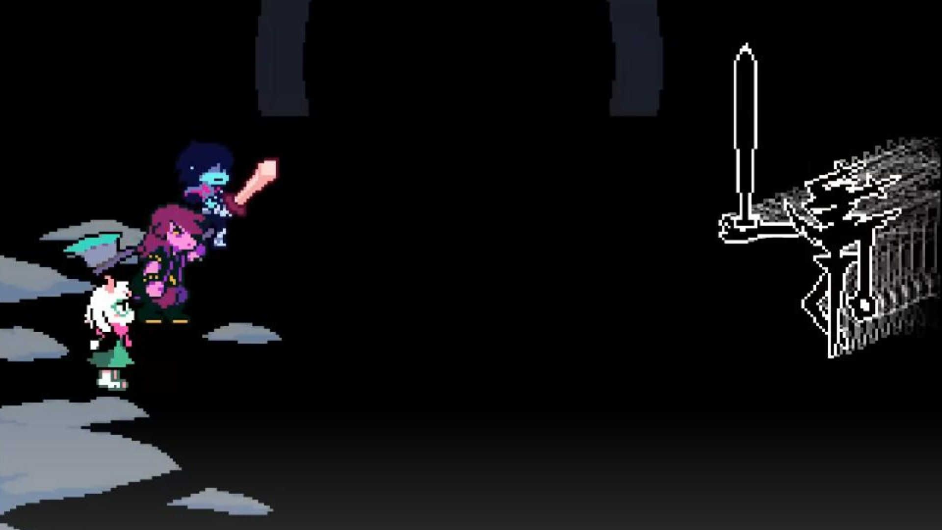 Kris, Susie, and Ralsei facing the Roaring Knight in Deltarune.