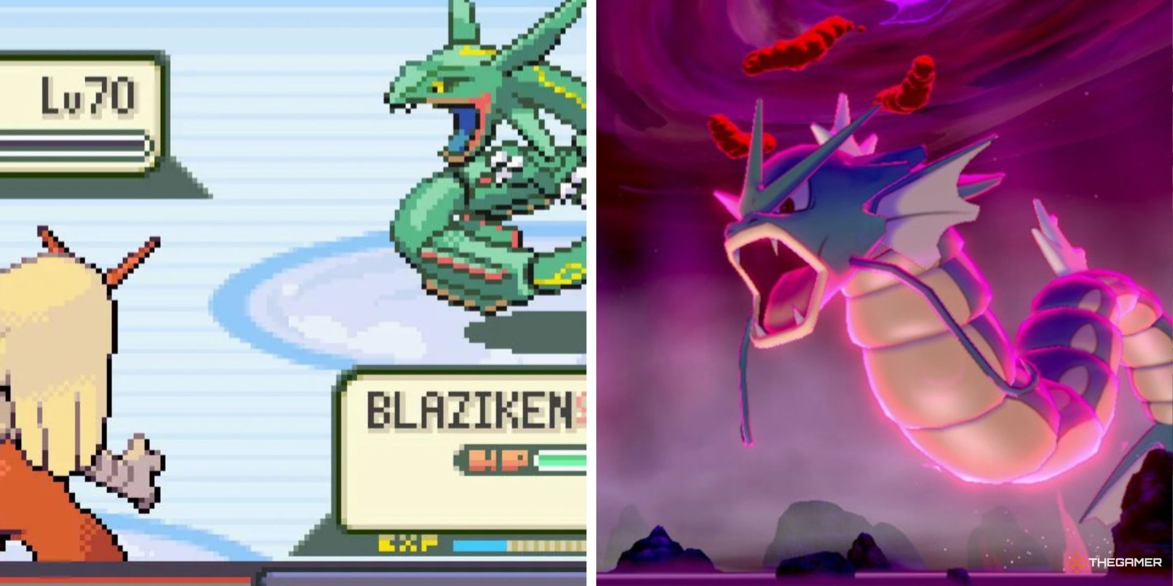 A Blaziken Fighting Rayquaza In Pokemon Emerald And A Dynamaxed Gyarados In A Max Raid Den In Pokemon Shield.
