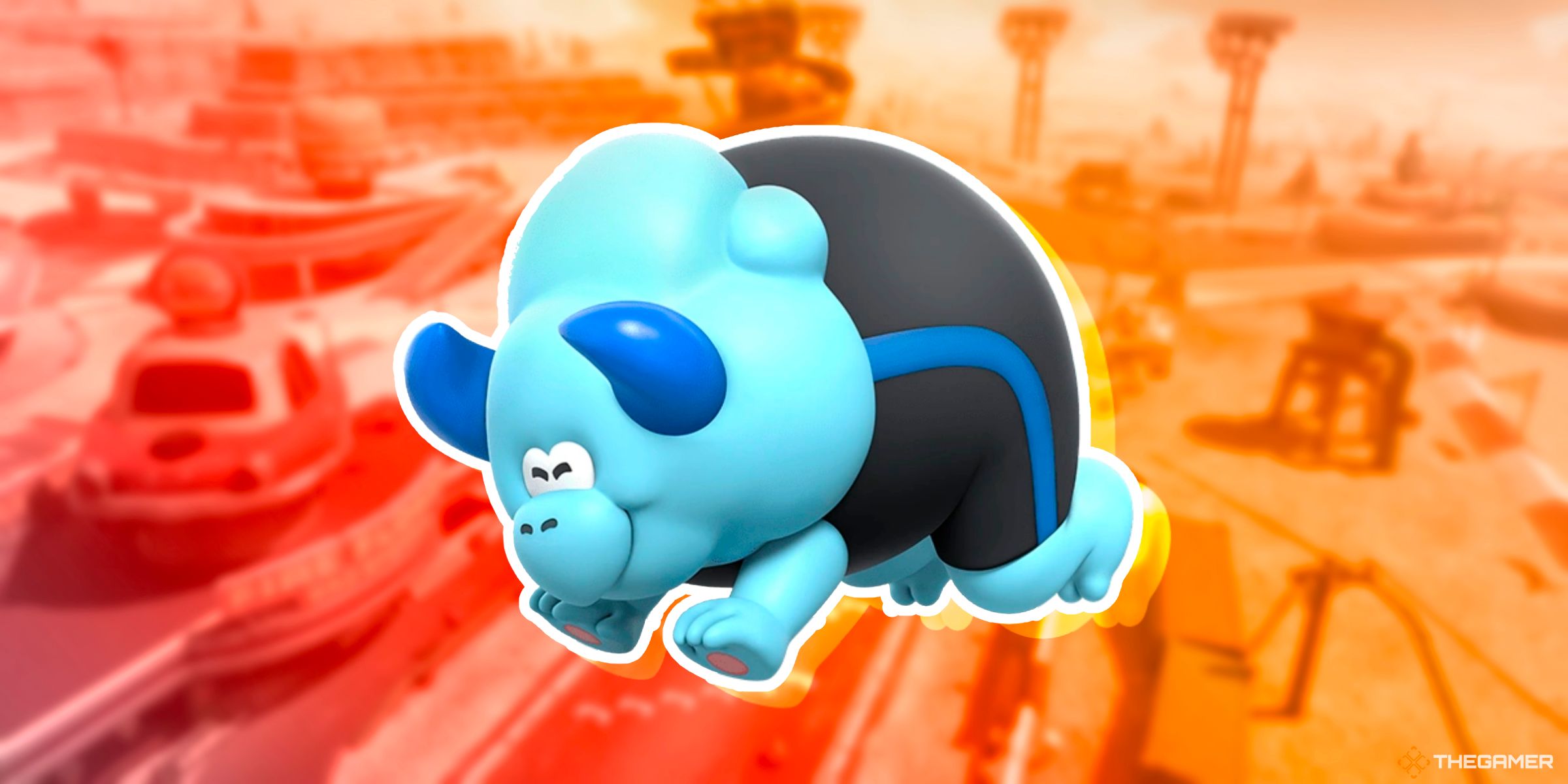A Bulrush Charging On Top Of The Track Mario Bros. Circuit From Mario Kart World.