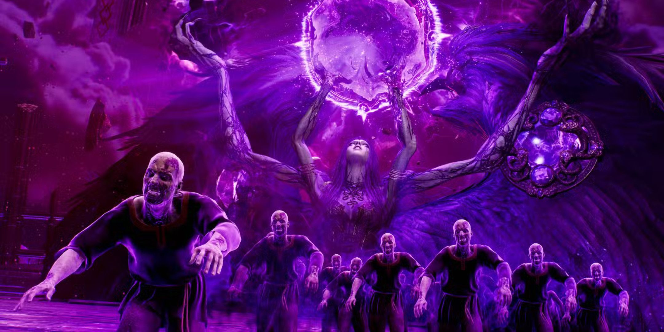 A bunch of zombies in front of a large winged woman wielding purple magic