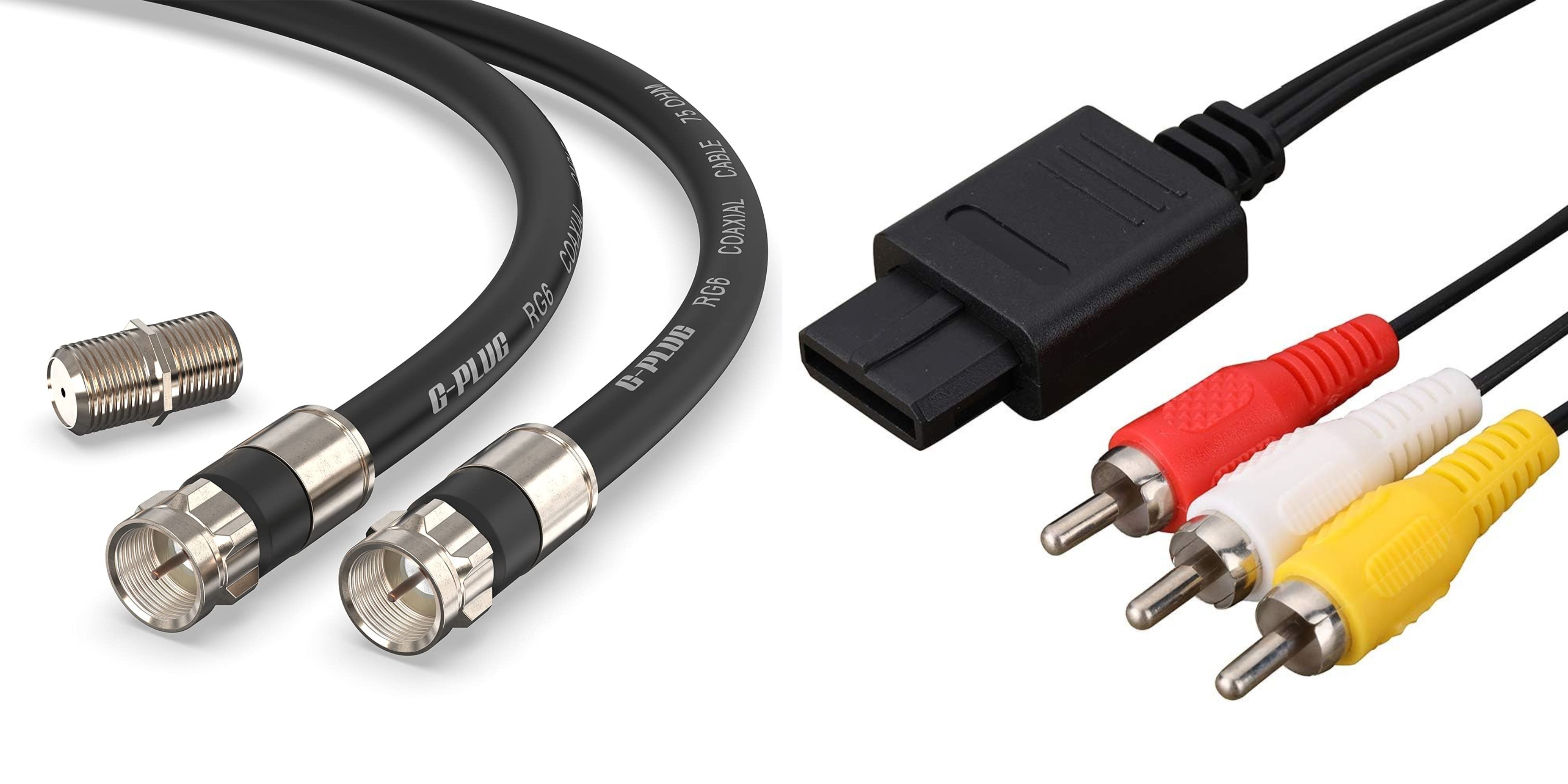 A coaxial cable is featured on the left and a video game AV cable is on the right.