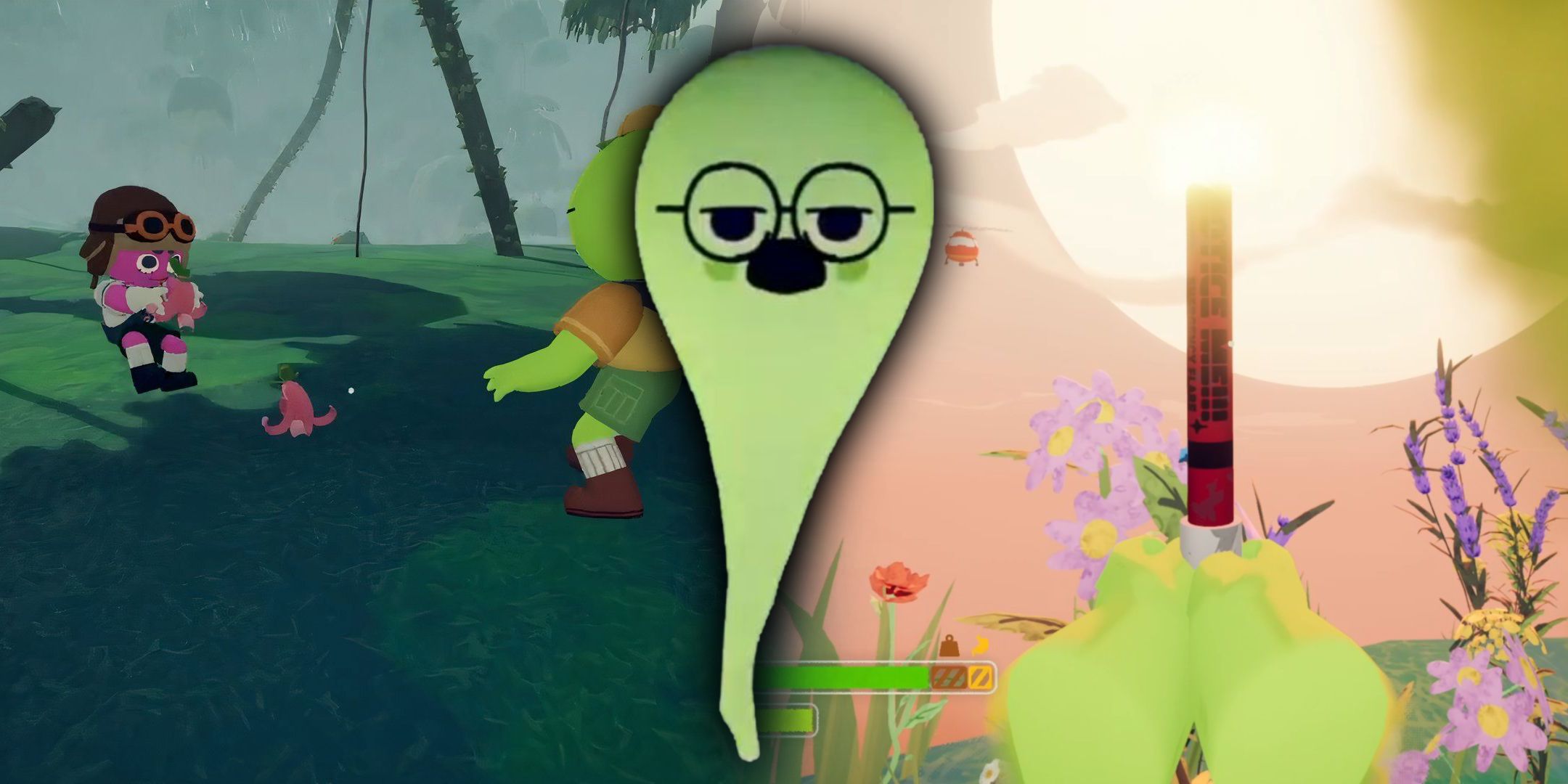 A collage of ghosts, flares, and bananas in Peak.