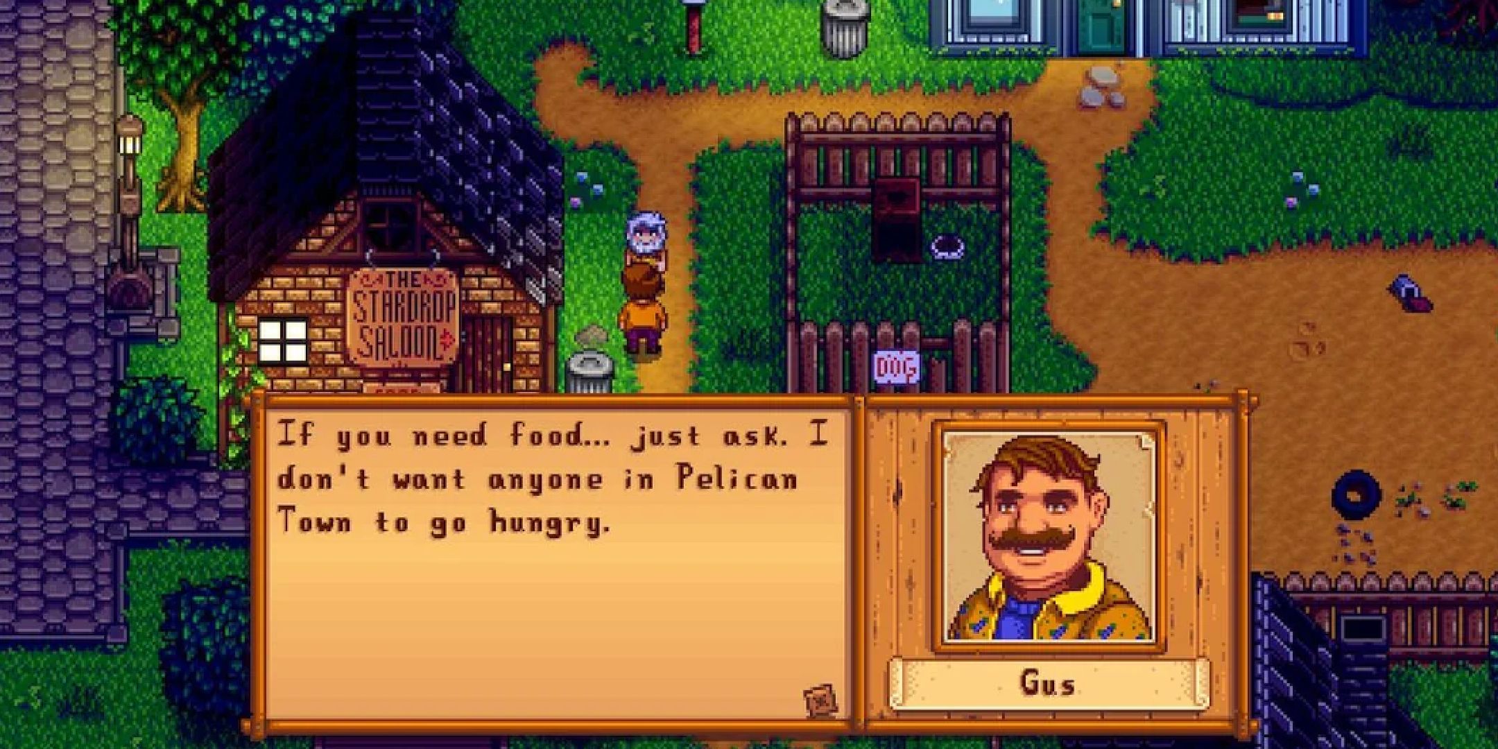 A cutscene showing Gus from Stardew Valley talking to Linus.