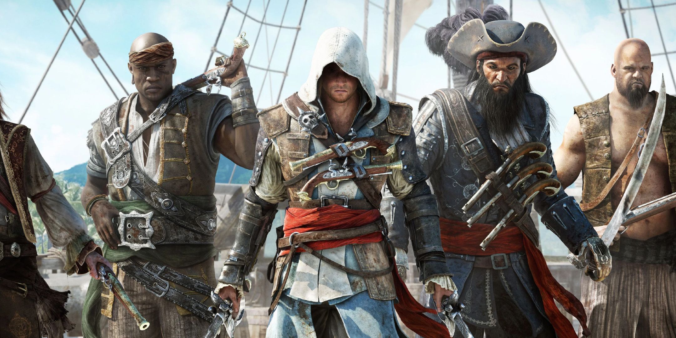 A hooded figure and two pirates walking towards the camera with weapons drawn.