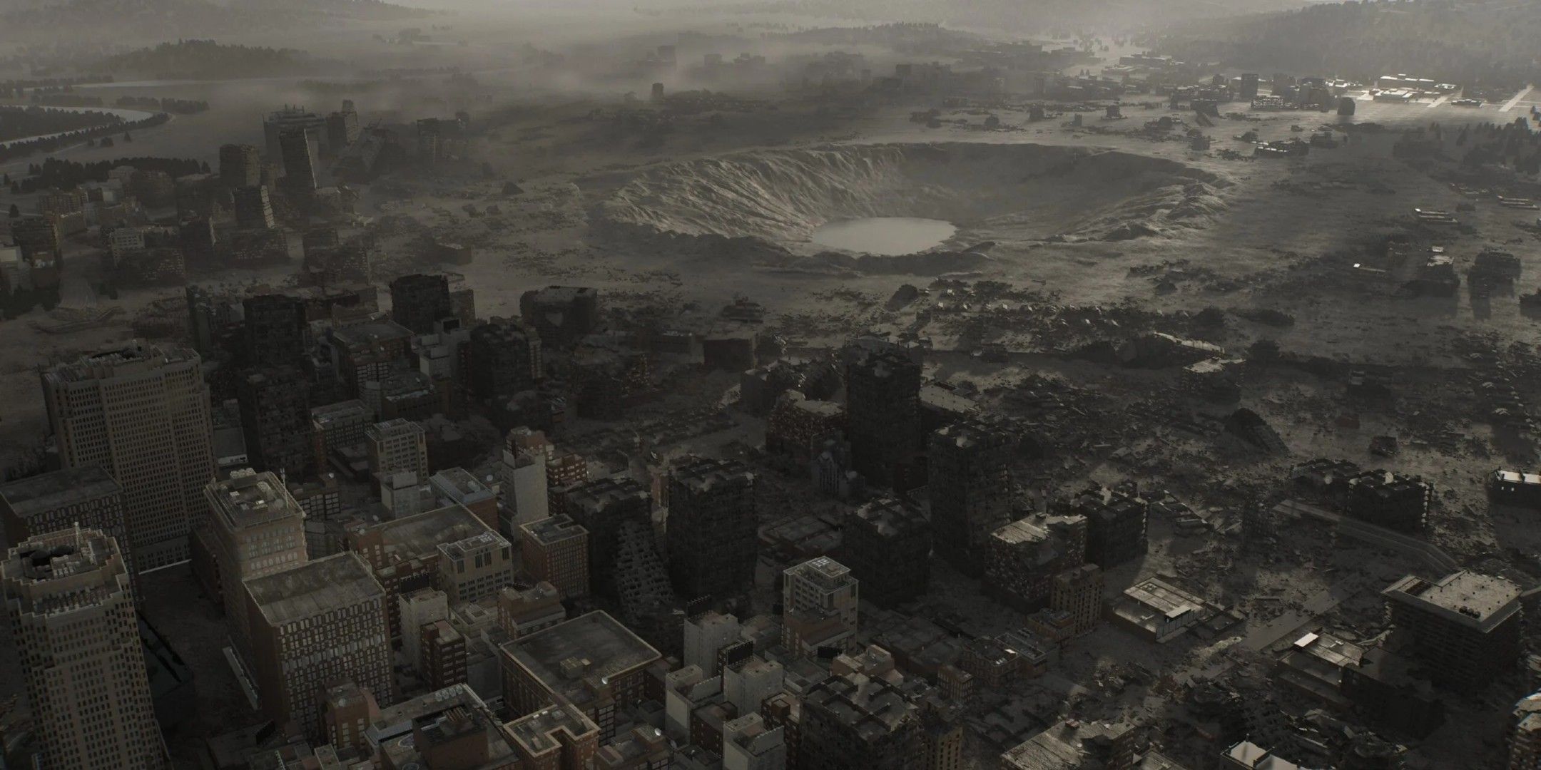 A huge crater in Raccoon City in Resident Evil Requiem.