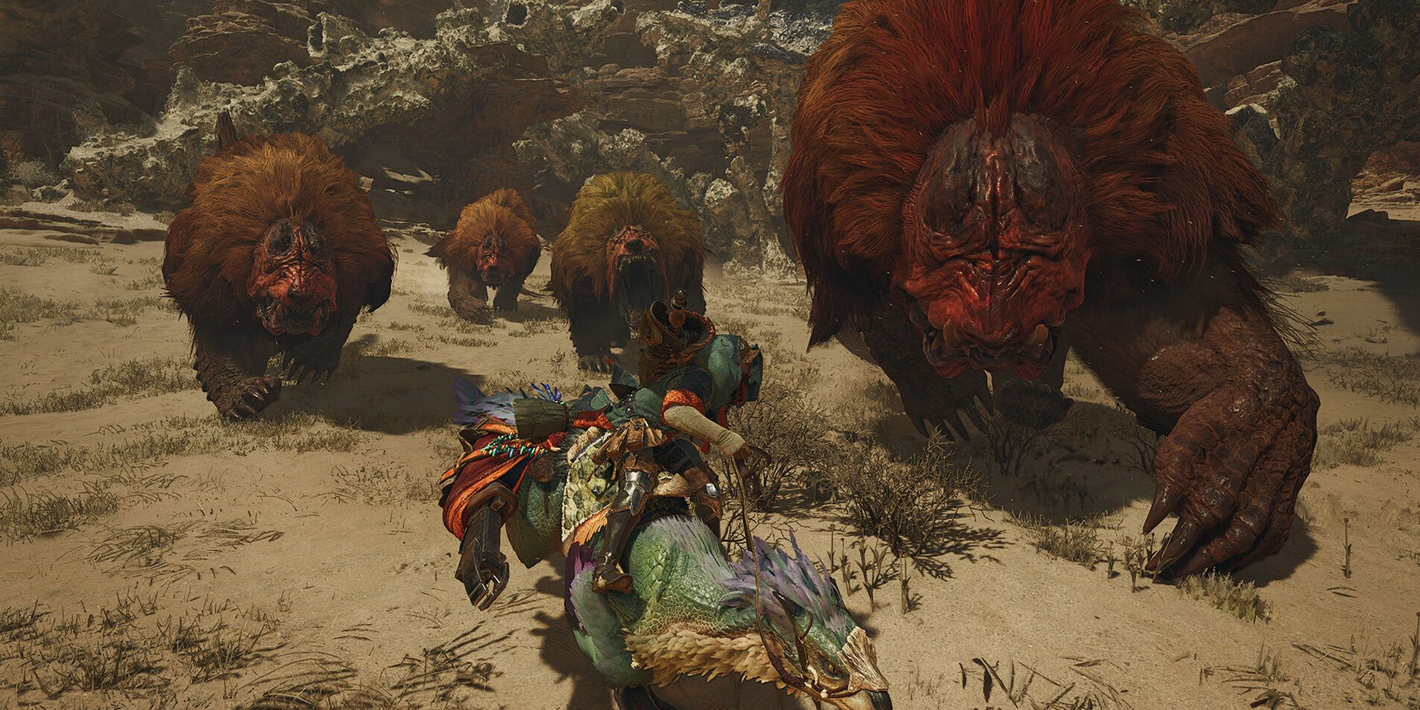 A hunter rides away from several large monsters in Monster Hunter Wilds.
