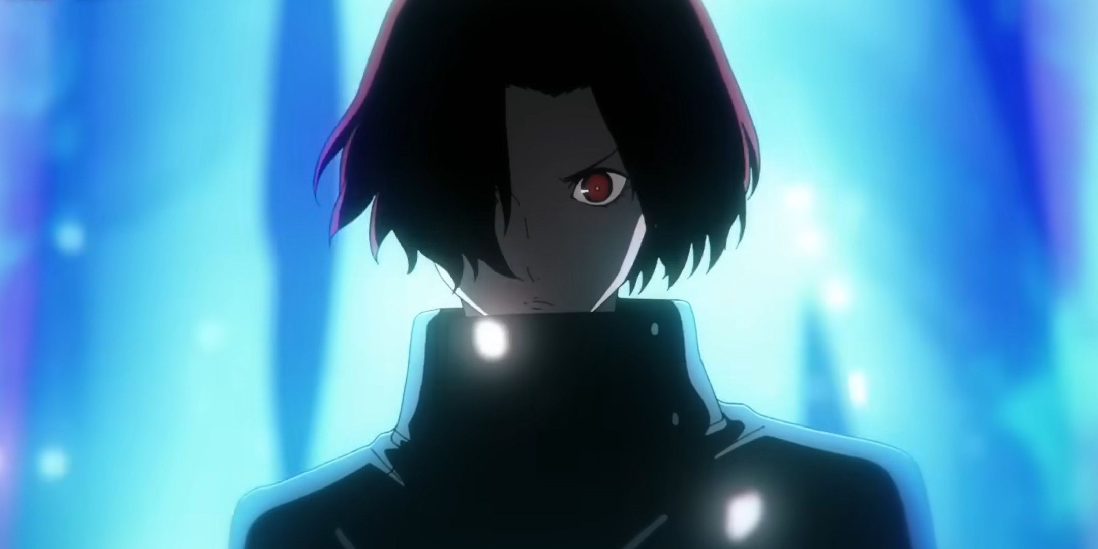 A man with red hair and eyes stood in front of a large blue explosion.