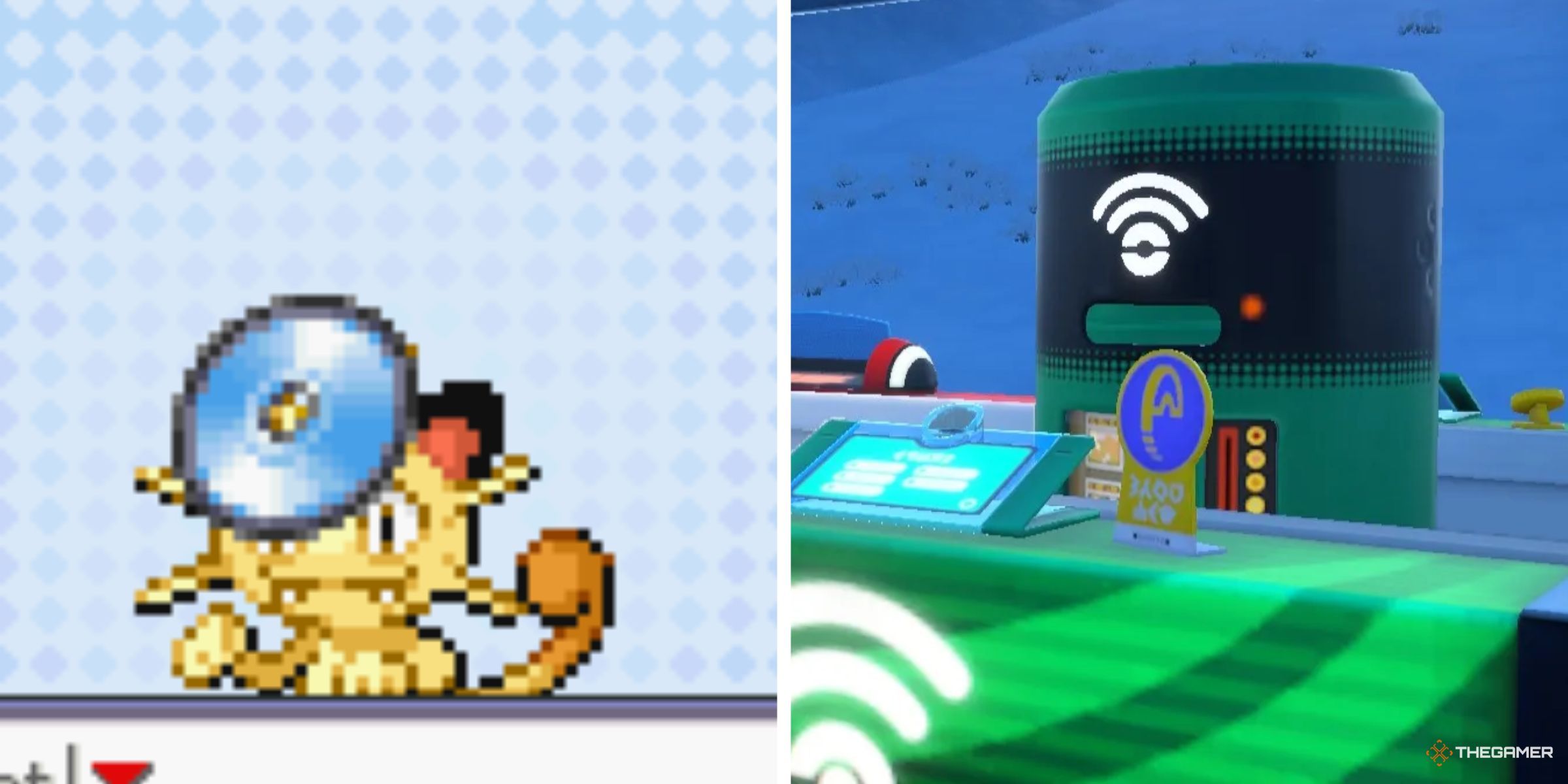 A Meowth Learning A TM In Pokemon Fire Red And The TM Machine From Pokemon Scarlet.