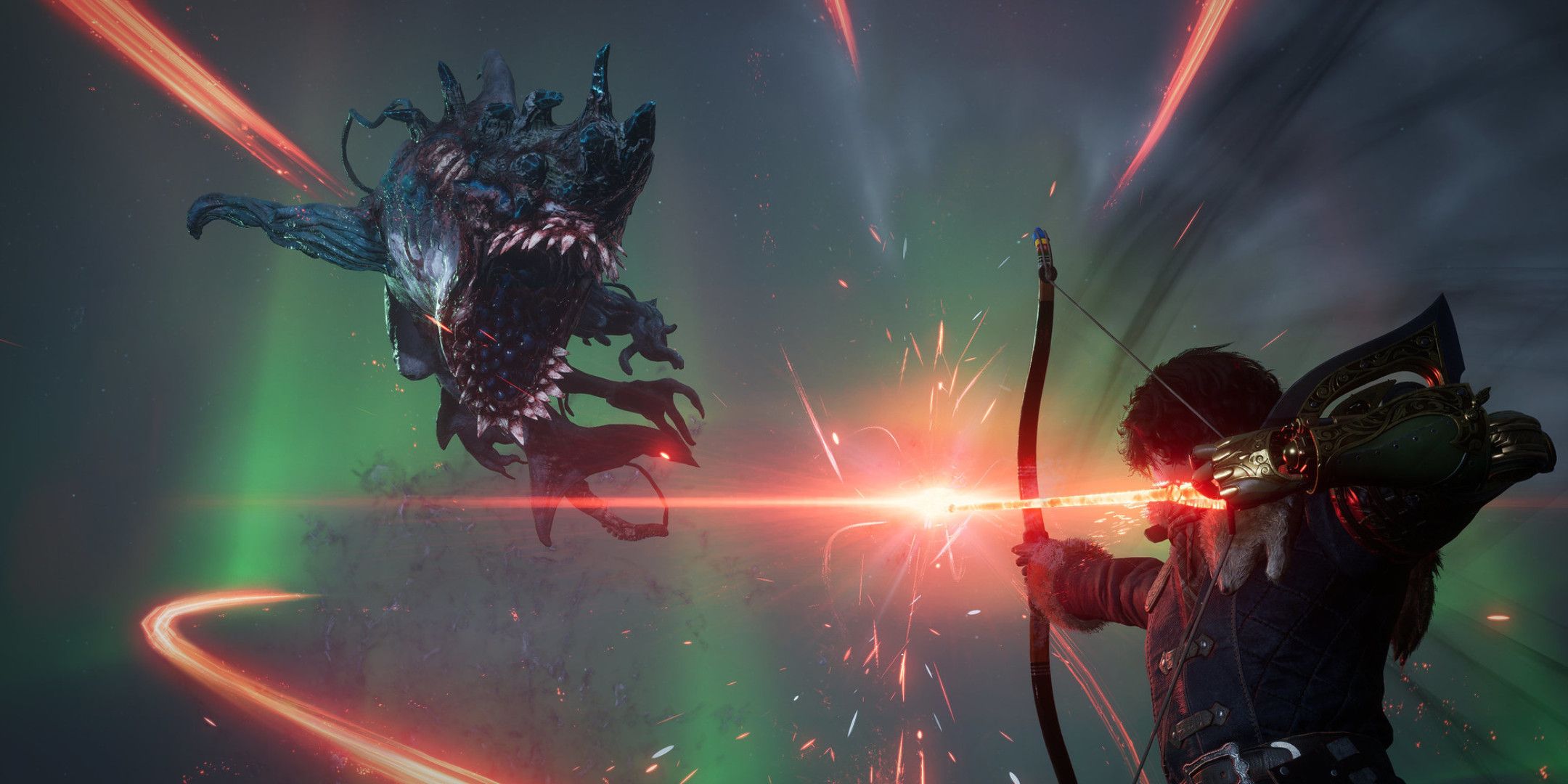 A mutated shark attacking a man aiming at it with a bow.