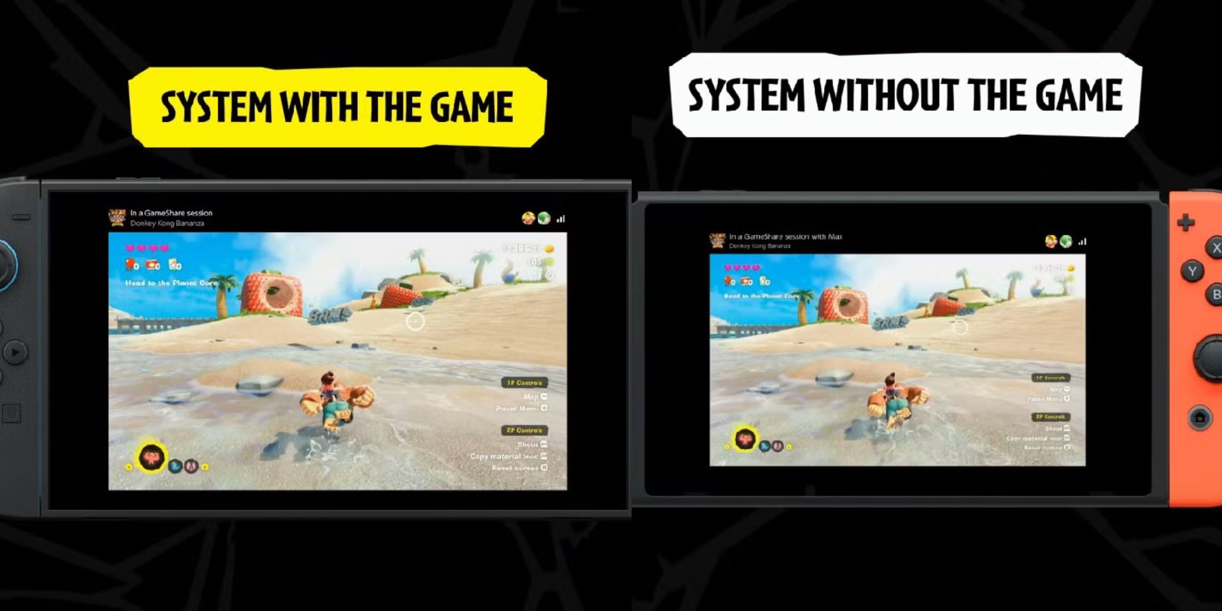 A Nintendo Switch 2 using GameShare to share Donkey Kong Bananza to a Nintendo Switch loacally as shown in the Donkey Kong Bananaza Direct.