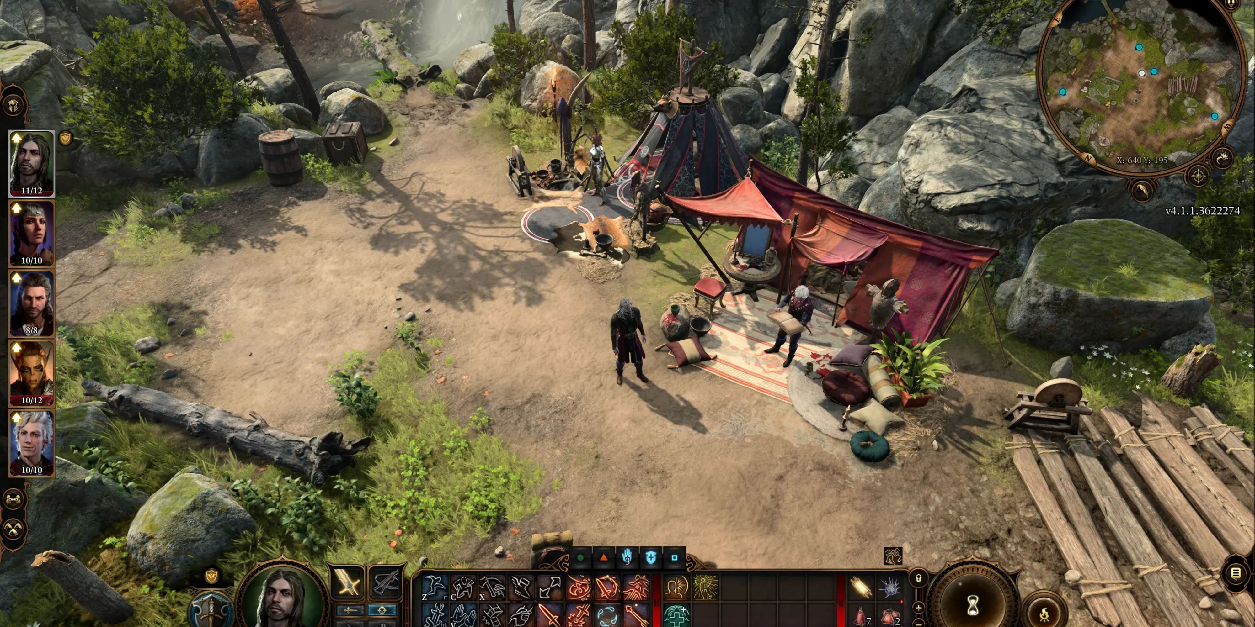 A party of five characters are in a camp in Baldur's Gate 3.