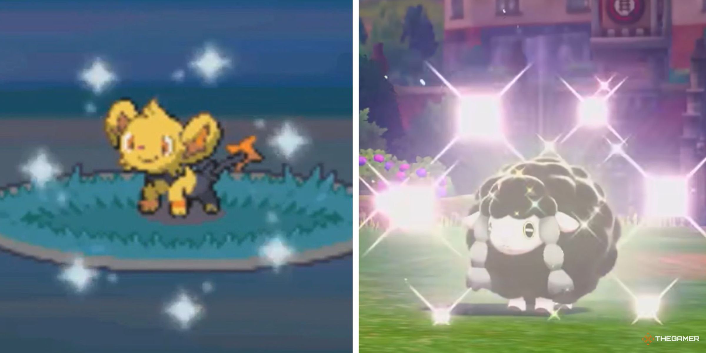 A Player Encountering A Shiny Shinx In Pokemon Platinium And A Shiny Wooloo In Pokemon Shield.