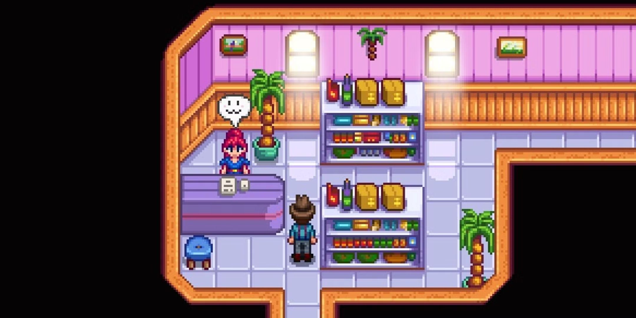 A player looking at Sandy in Stardew Valley.