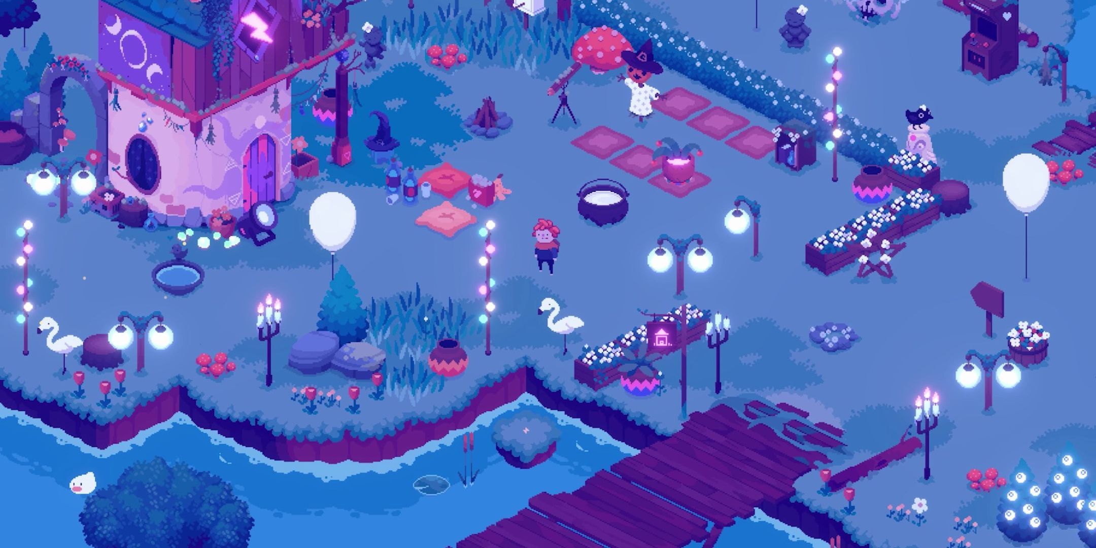 A player on a farm decorated with lots of lights at nighttime in Ritual of Raven.