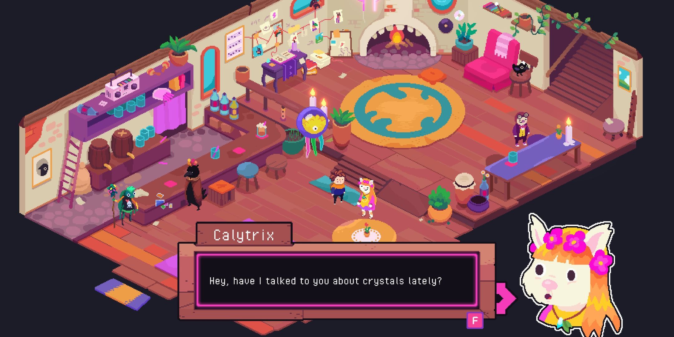 A player speaking to Calytrix inside a cosy tavern in Ritual of Raven.