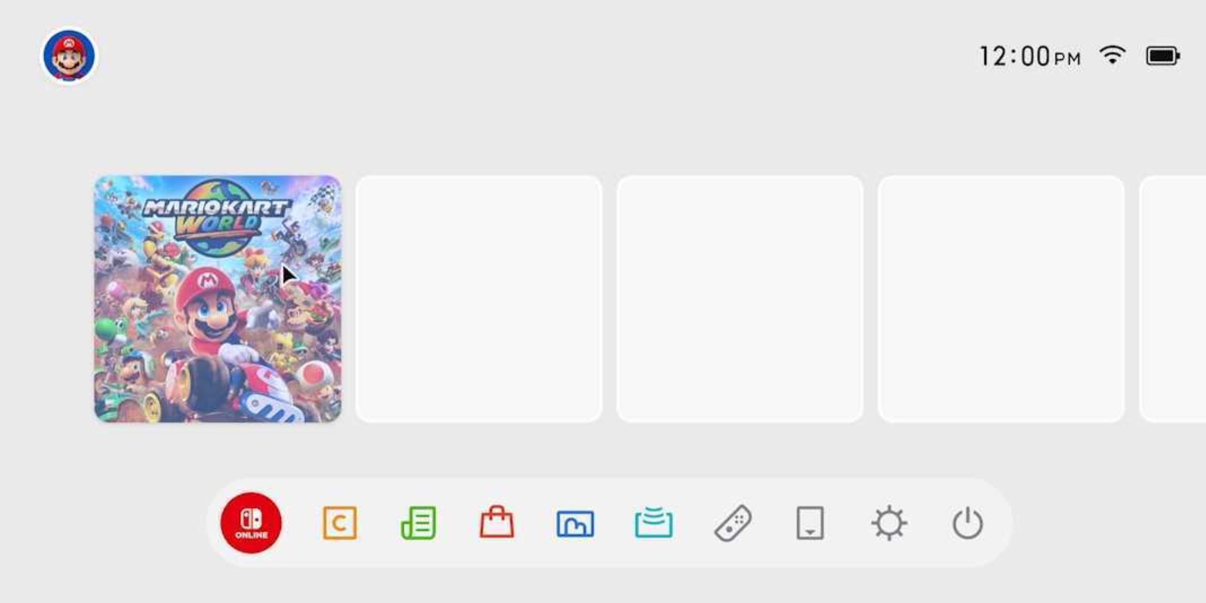 A player using the Joy-Con 2 in mouse mode to move a cursor over Mario Kart World on the Nintendo Switch 2 home screen.