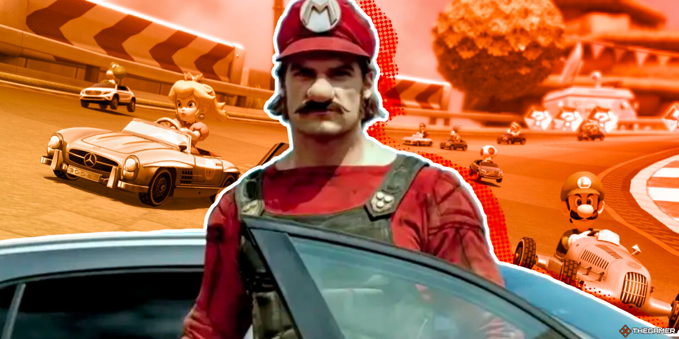 A real-life actor dressed up as Mario from the Mario Kart 8 X Mercedes-Benz Japanese commercial with Luigi and Peach racing in Mario Kart 8 in the Mercedes-Benz Vehicles.
