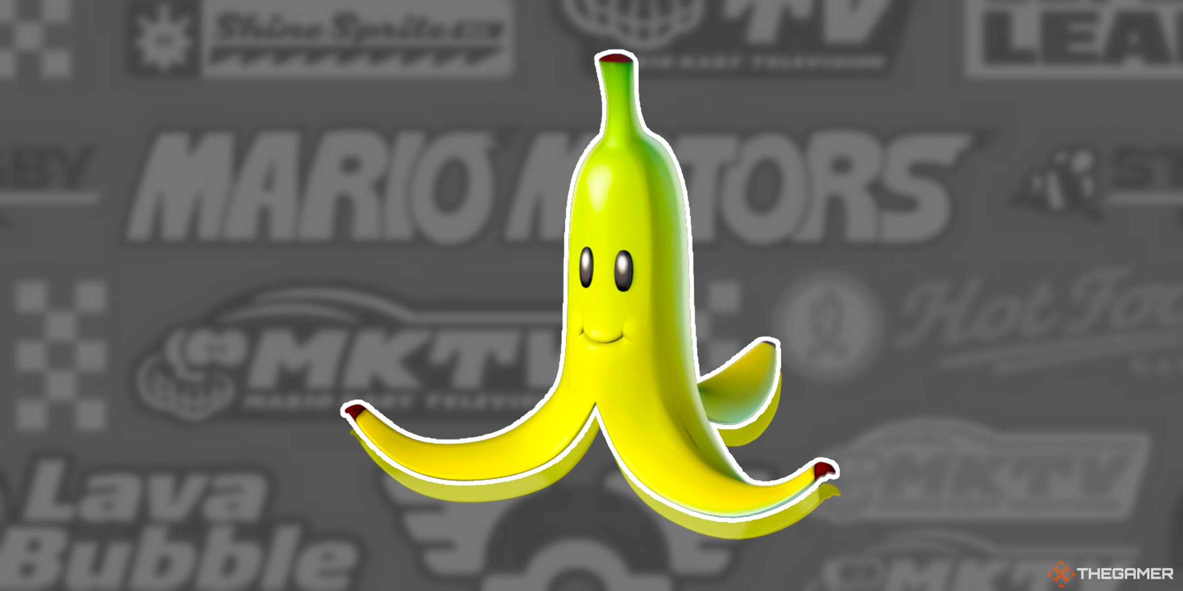 A render of the Banana Item on a background full of various in universe sponsors from Mario Kart World.