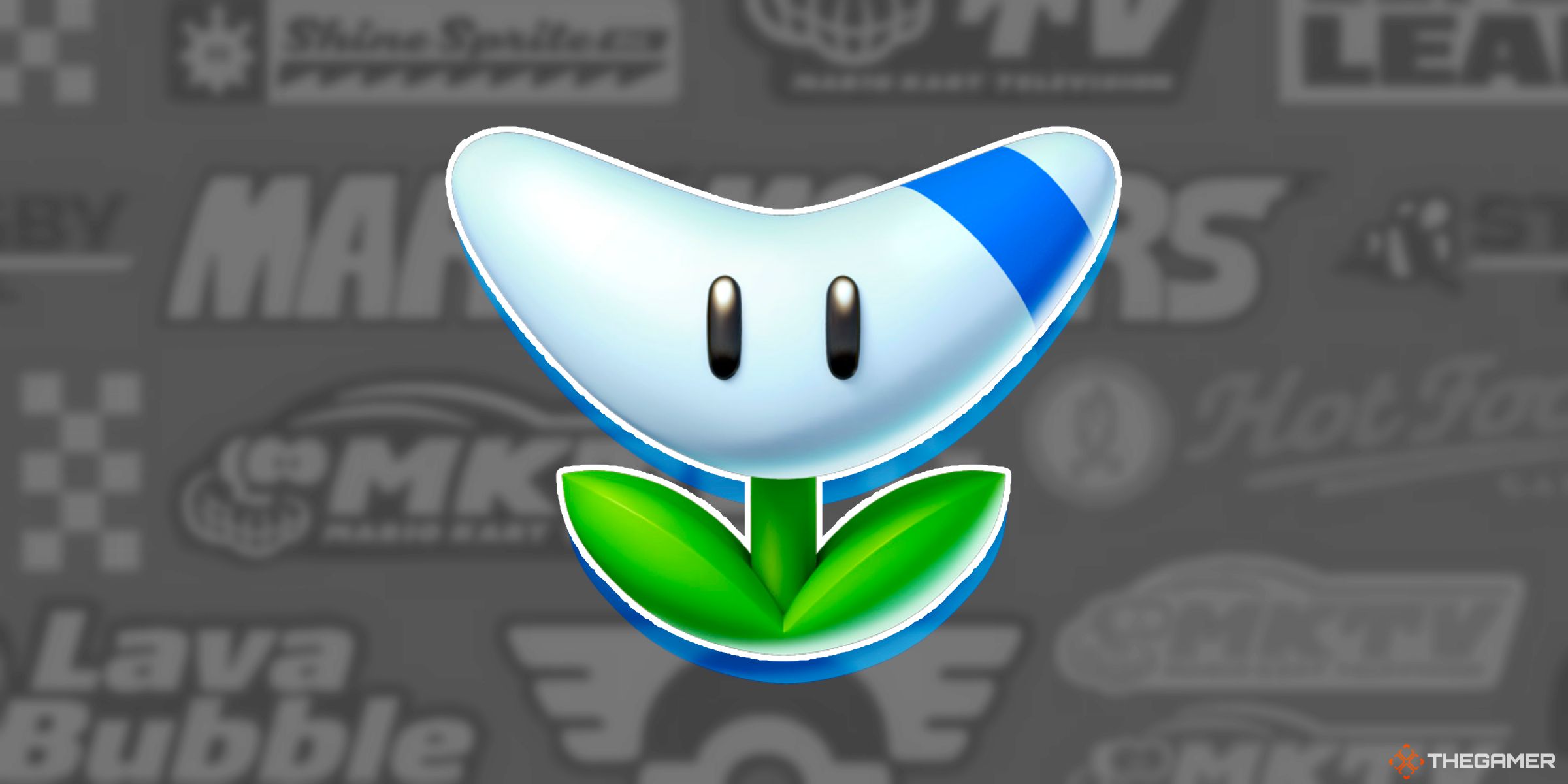 A render of the Boomerang Flower Item on a background full of various in universe sponsors from Mario Kart World.