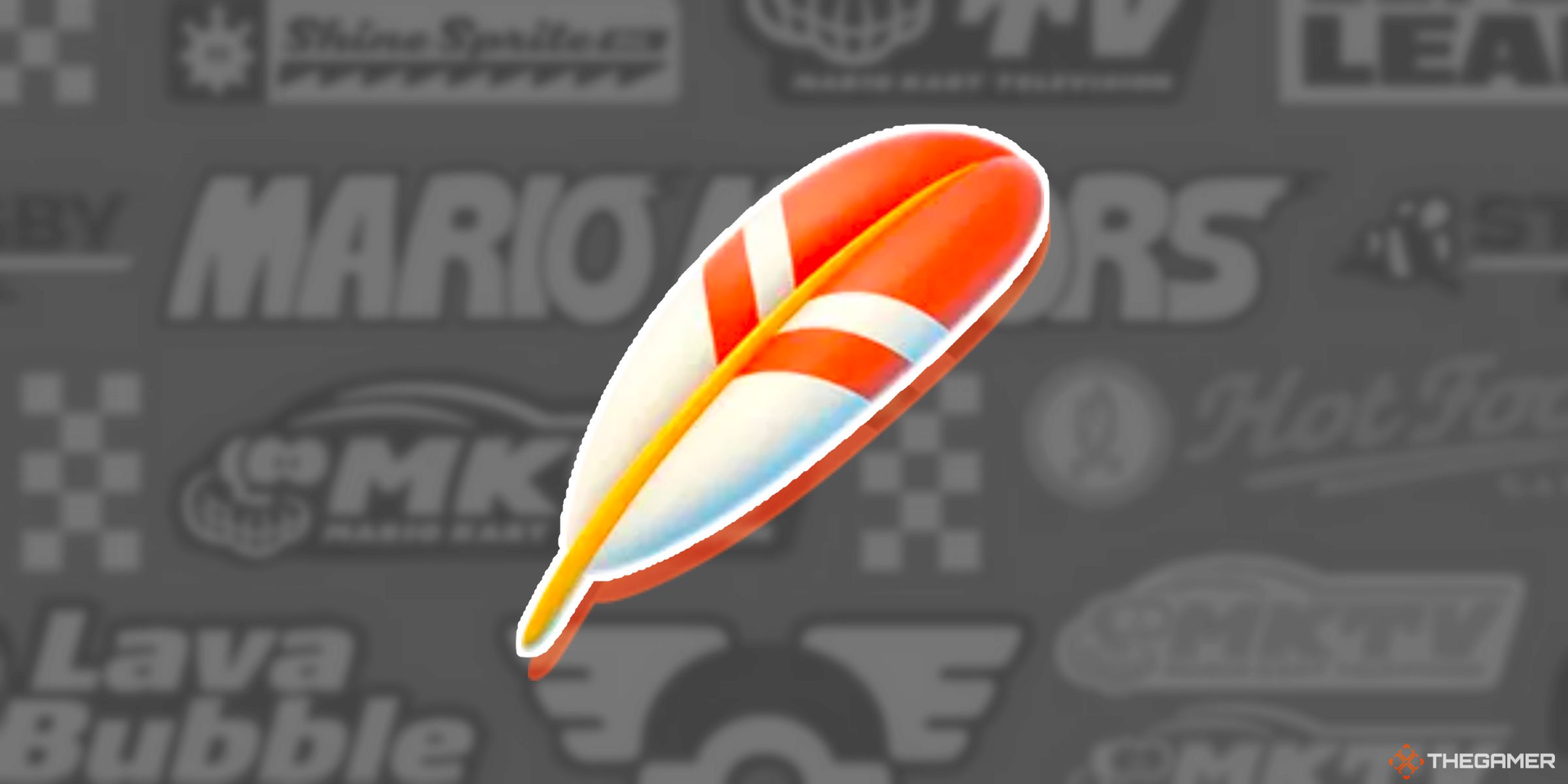 A render of the Feather Item on a background full of various in universe sponsors from Mario Kart World.