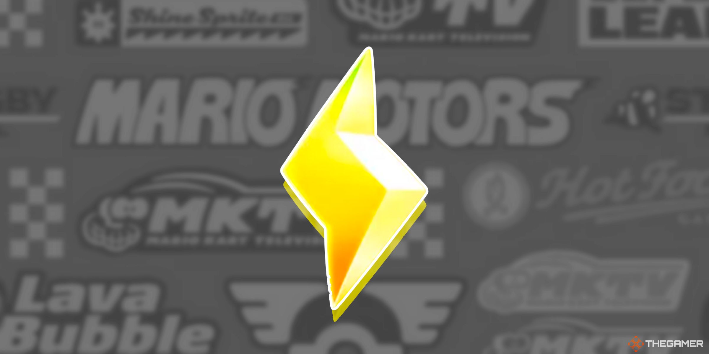 A render of the Lightning Item on a background full of various in universe sponsors from Mario Kart World.