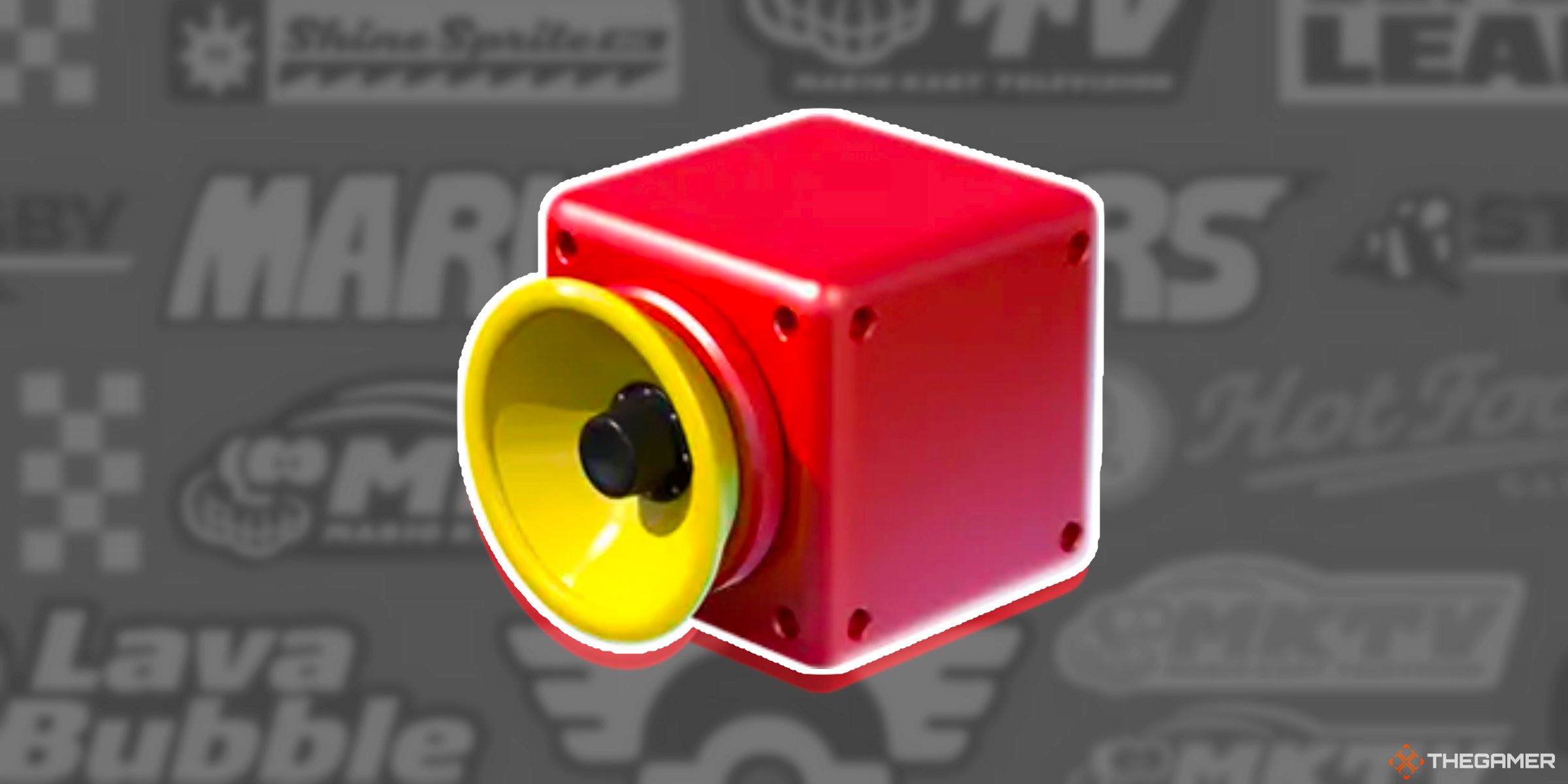 A render of the Super Horn Item on a background full of various in universe sponsors from Mario Kart World.