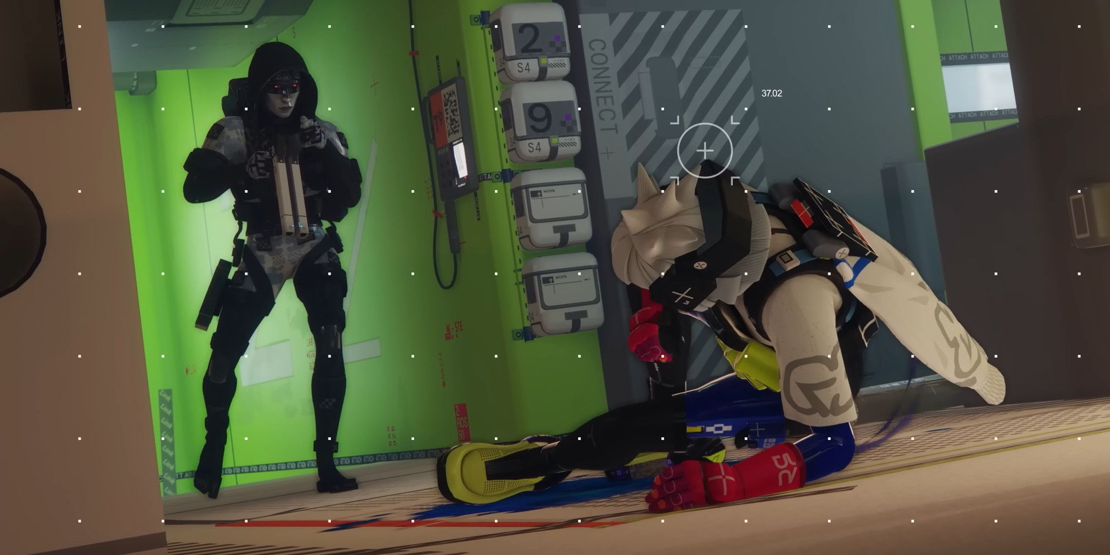 A robot with a gun looking over a person crawling along the floor.