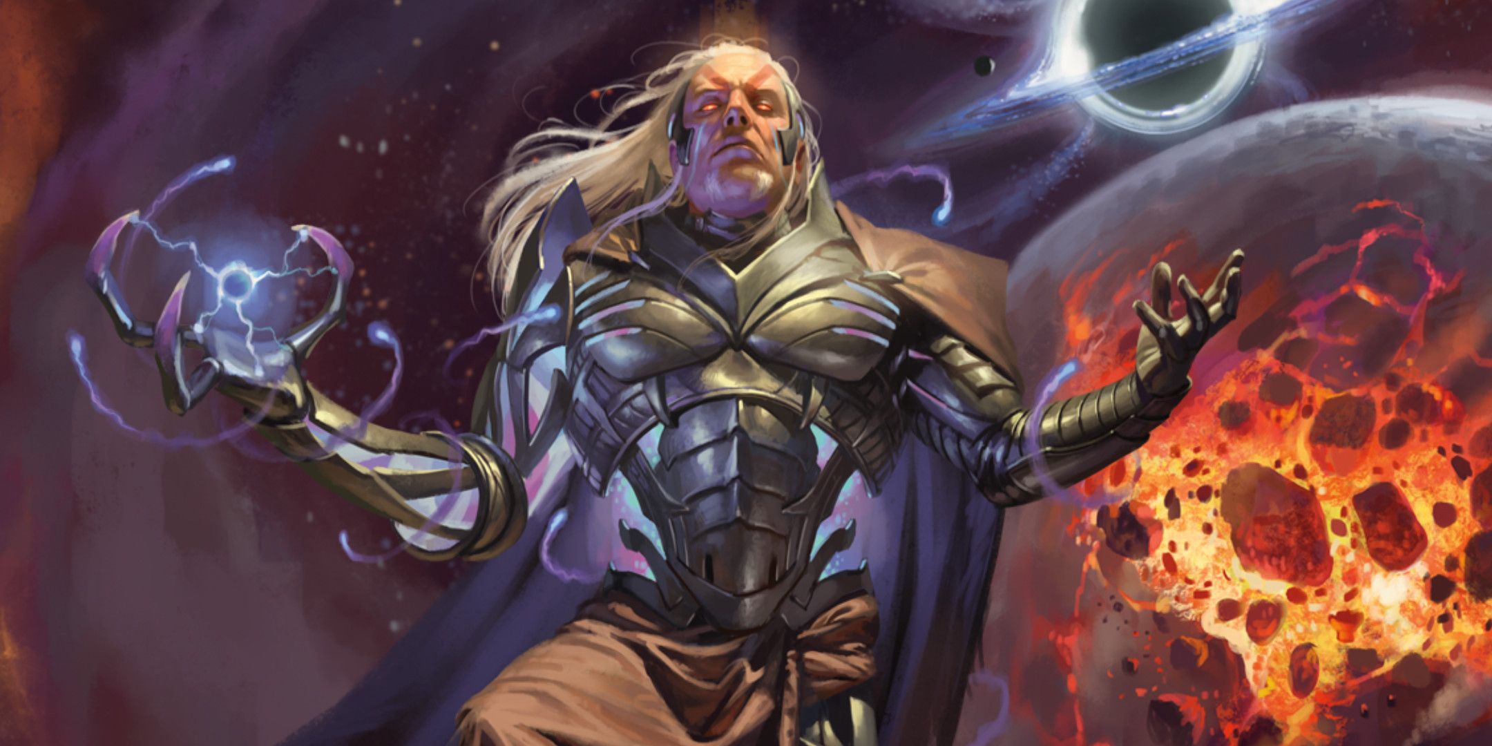 A robotic man holding lightning in one hand and fire in the other.