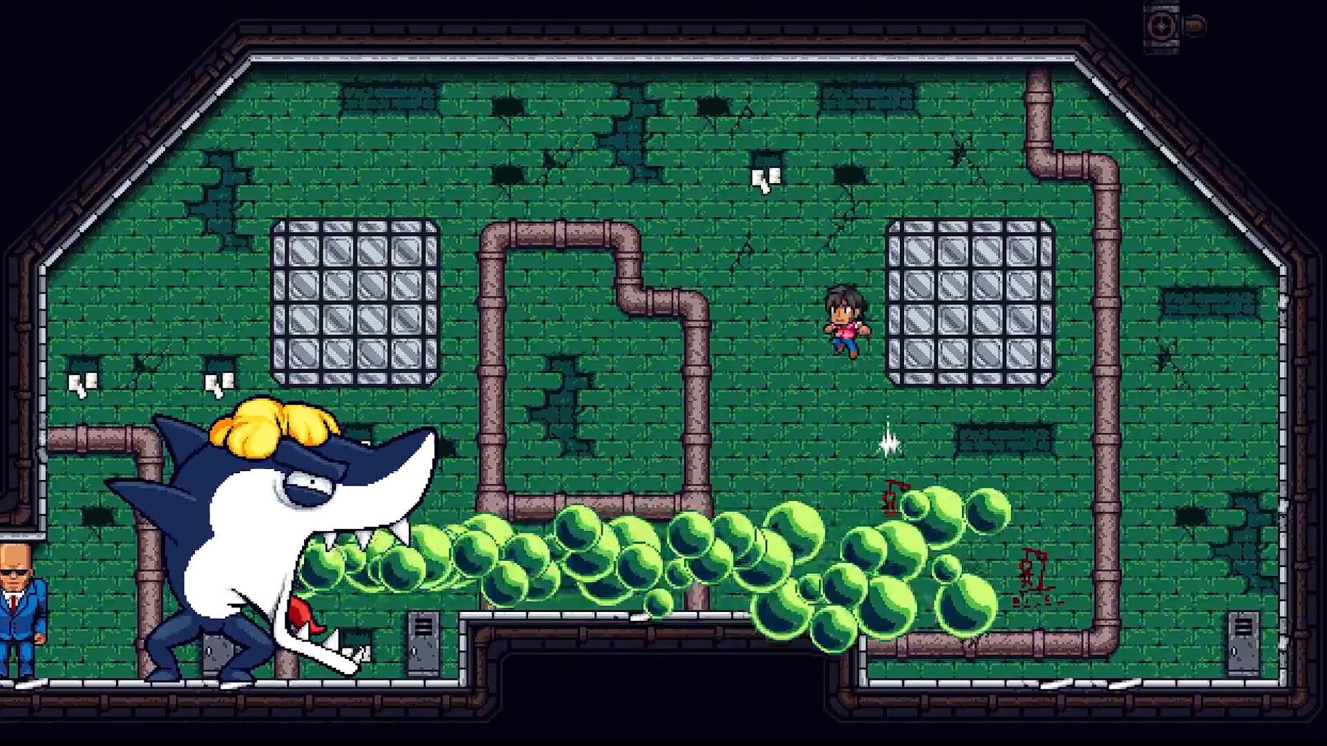 a shark boss breathing green bubbles in the prisoning fletcher's quest