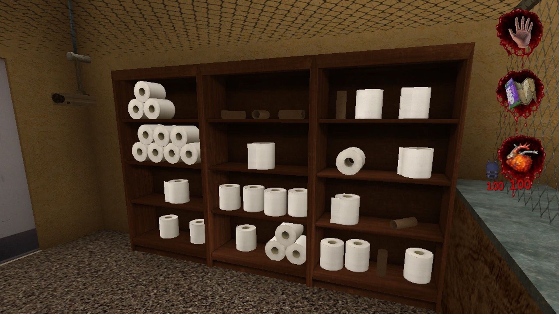 A shelf contains toilet papers in Postal 2.