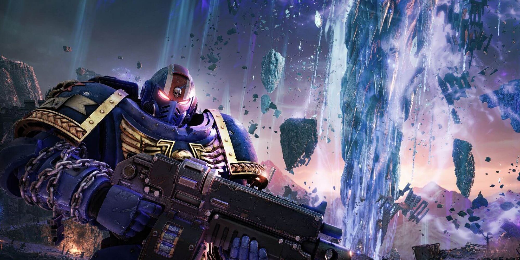 A Space Marine in front of chaos energy structures in Warhammer 40k Space Marine 2.
