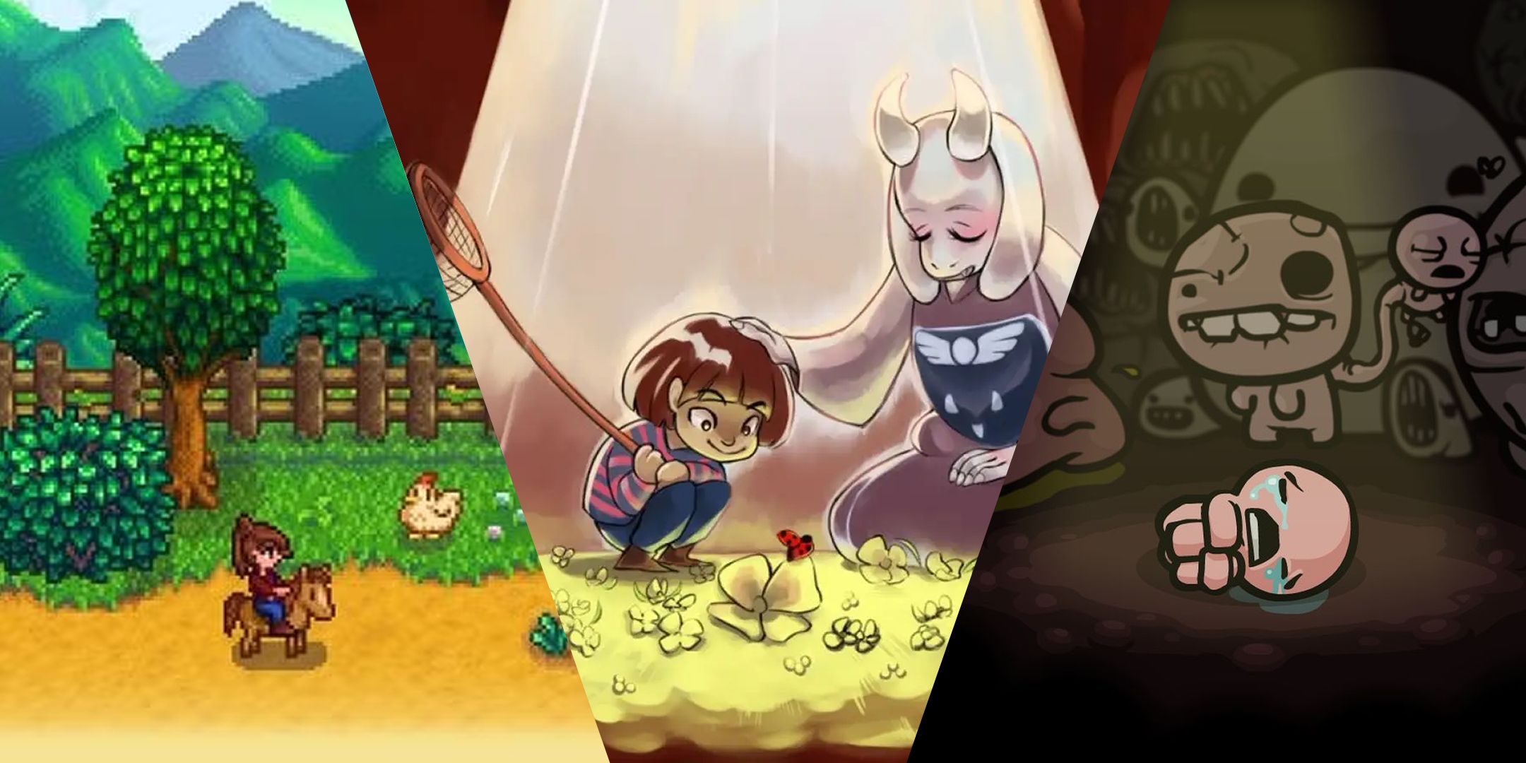 A Split Image Featuring Images From Stardew Valley, Undertale, And The Binding Of Isaac.
