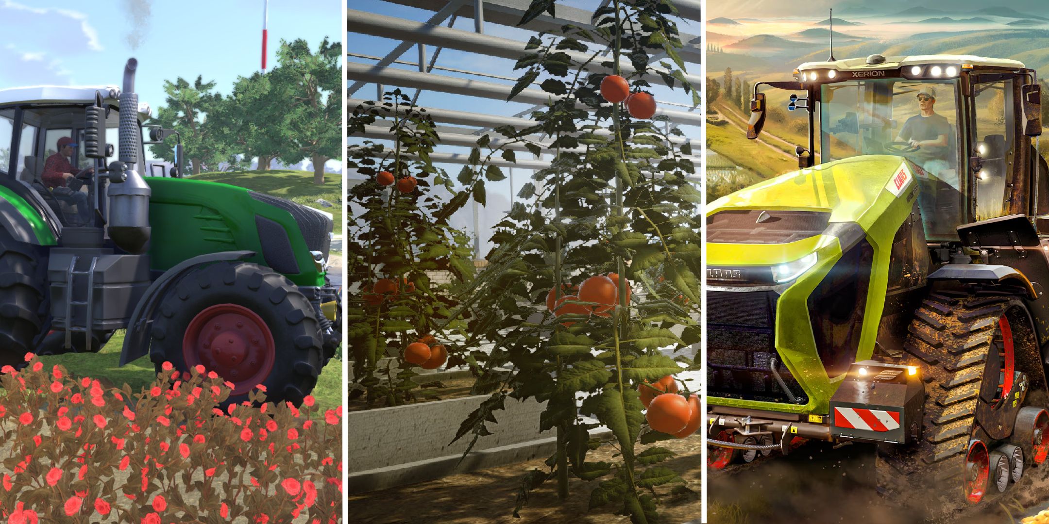 A split image showing three farming sims.