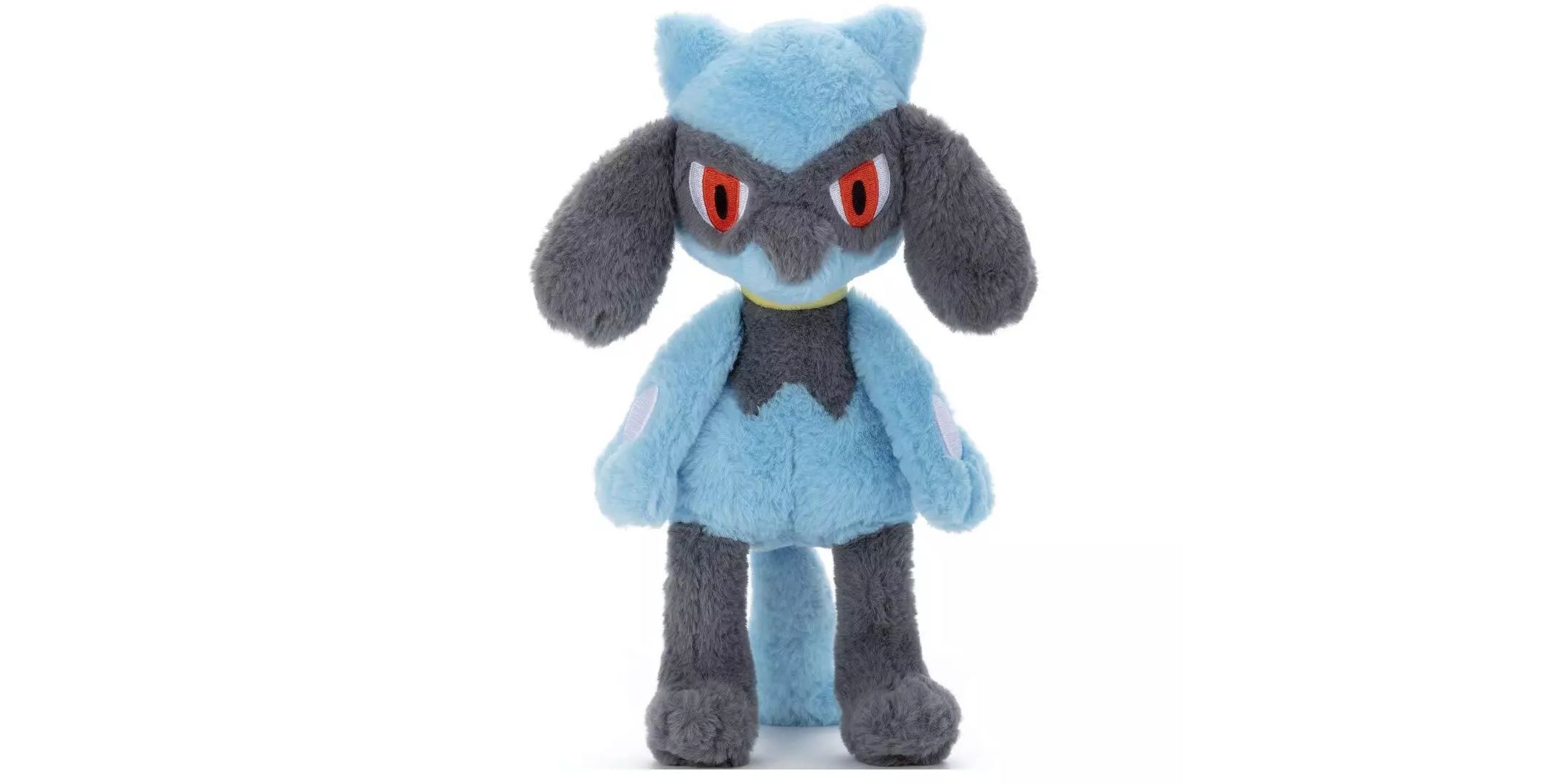 A standing Riolu plush on a white background.