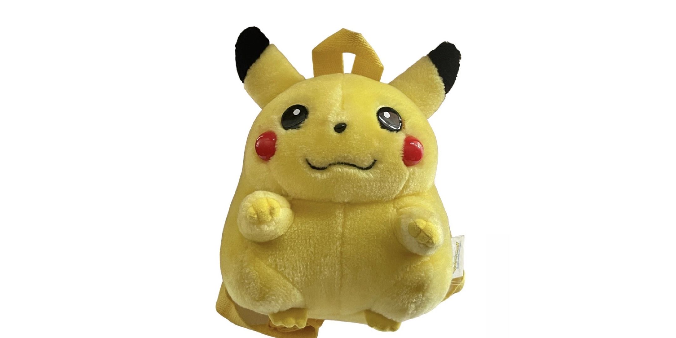 A vintage Pikachu backpack on a white background.