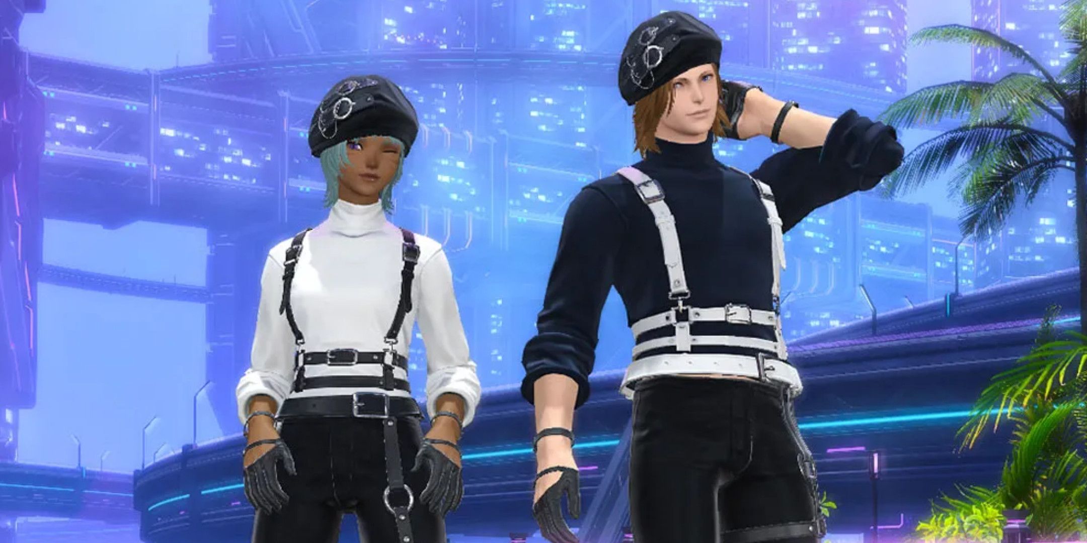 A woman and man posing in outfits that include many belts.