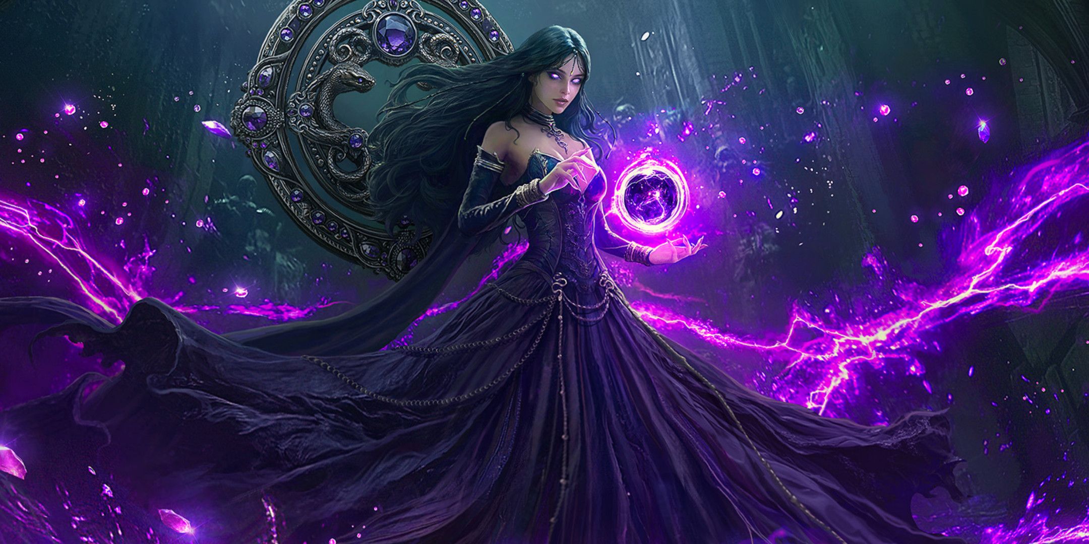 A woman in a long black dress wielding purple magic.
