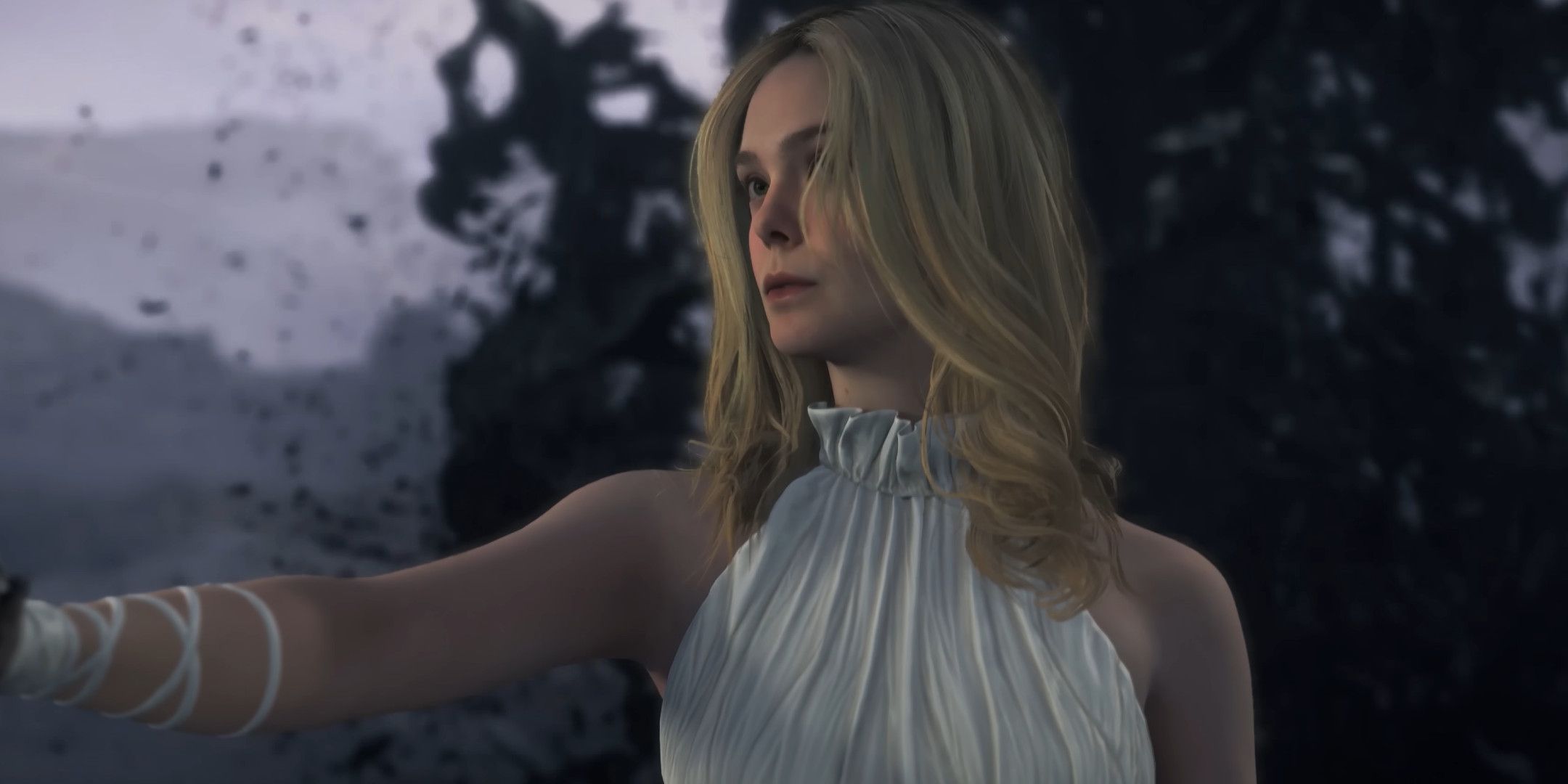 A woman with blonde hair stood in front of an exploding pile of black goo.