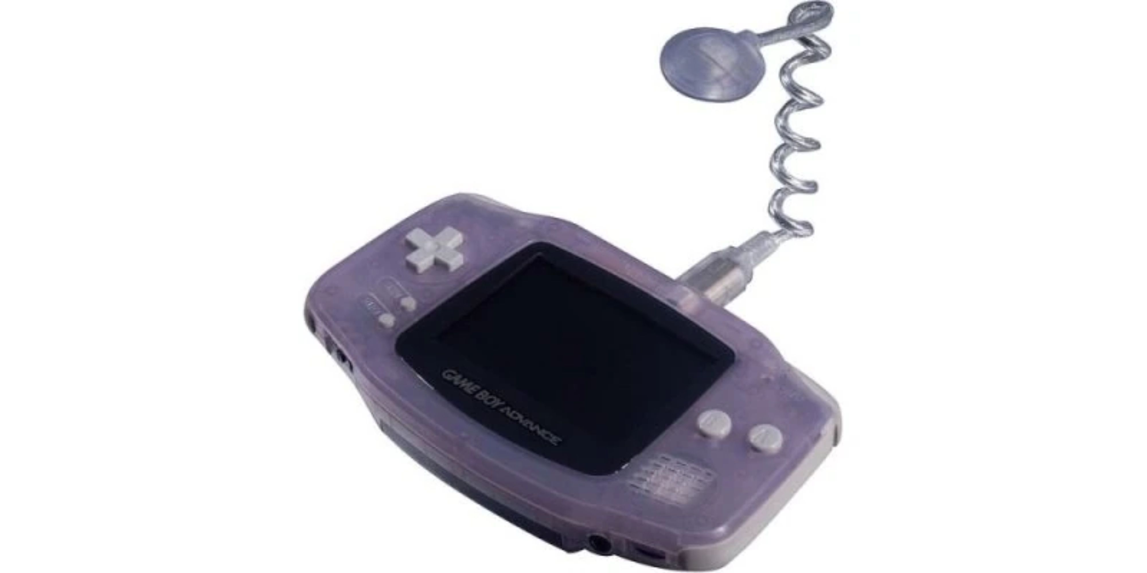 A Worm Light is attached to a purple Game Boy Advance.