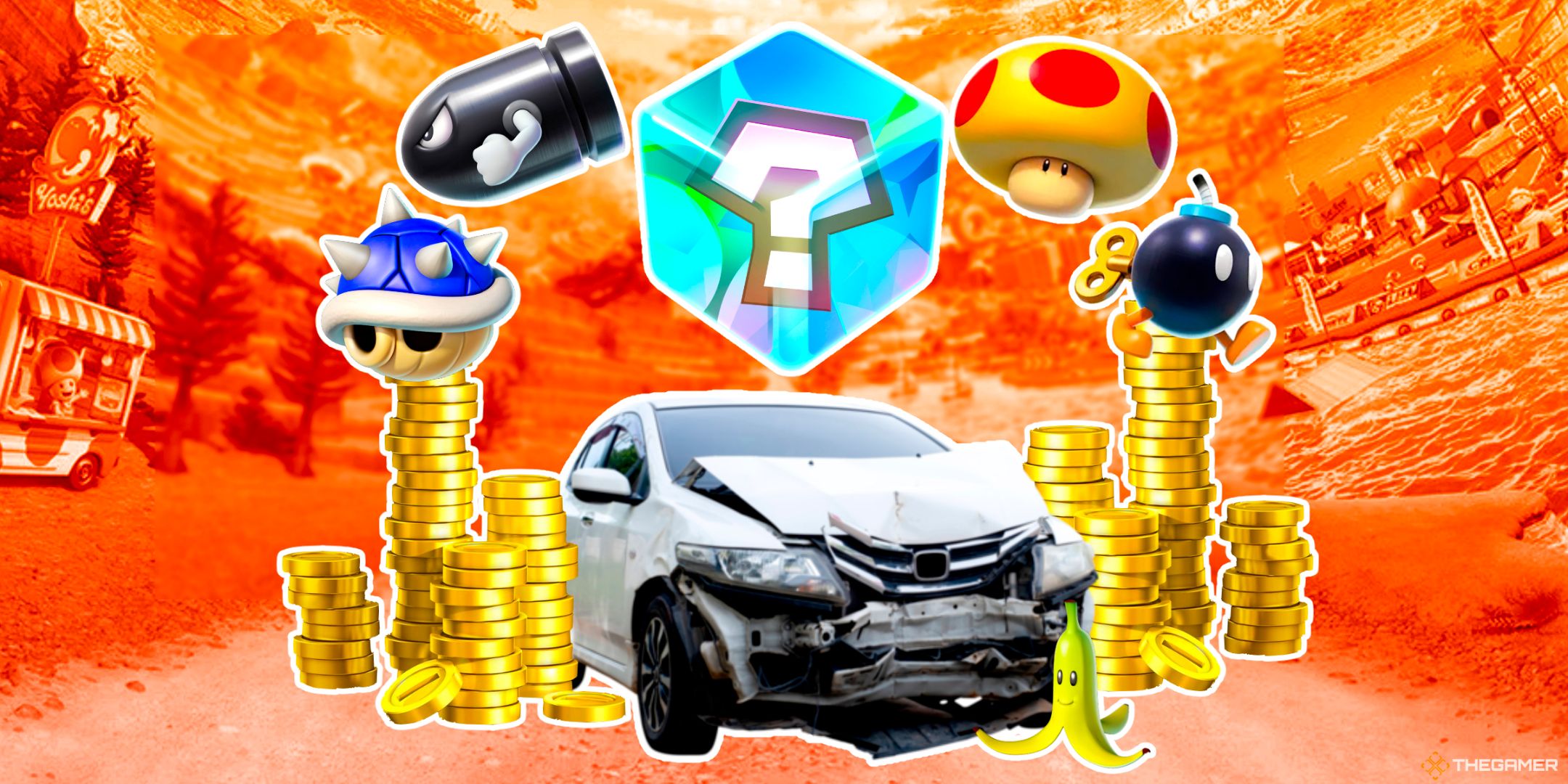 A wrecked white car with piles of Coins around it and a Banana Item in front with a Spiny Shell, Bullet Bill, Item Box, Mega Mushroom and Bomb-omb from Mario Kart World above it.
