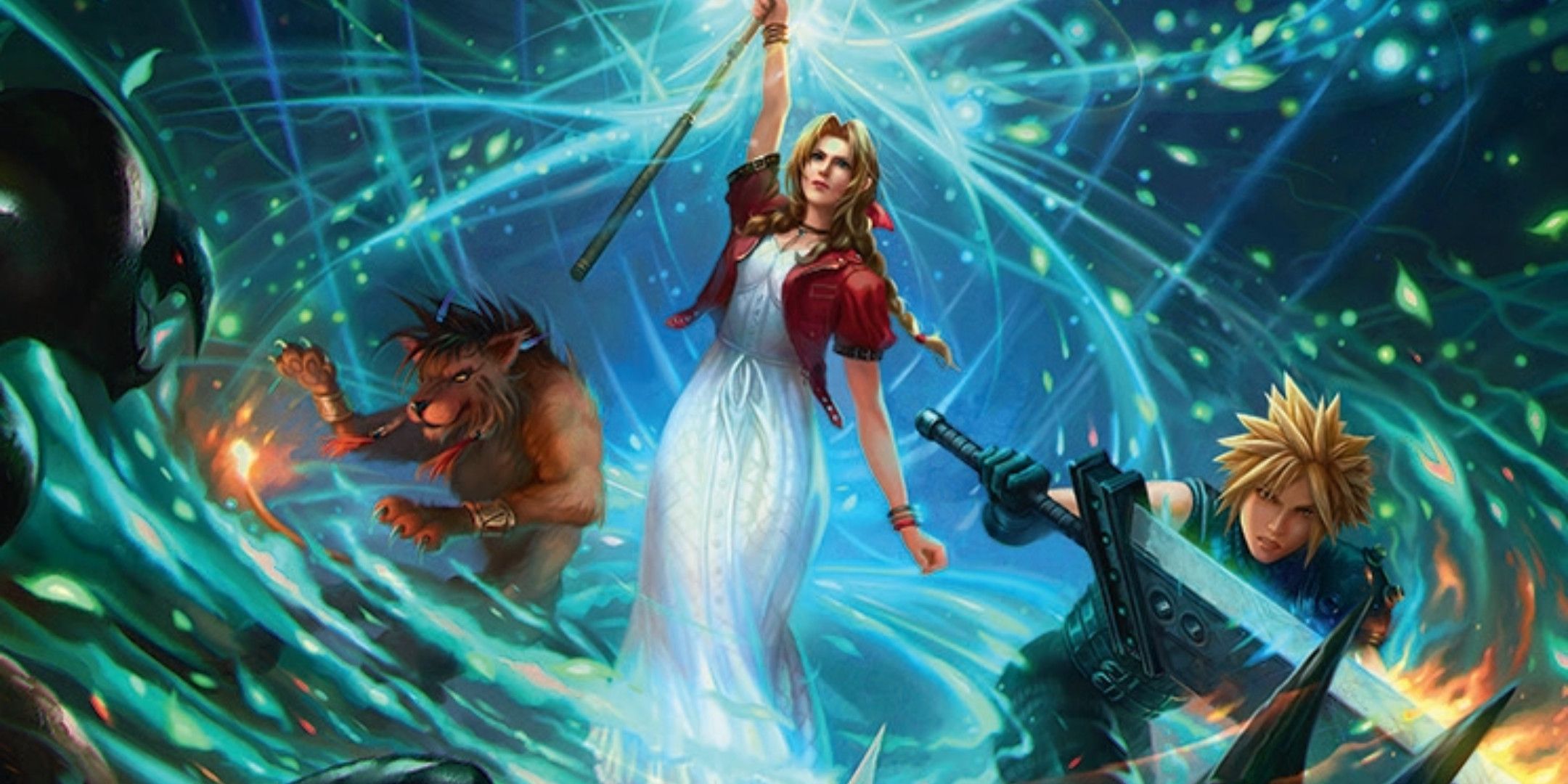 Aerith, Cloud, and Red 13 fighting off monsters