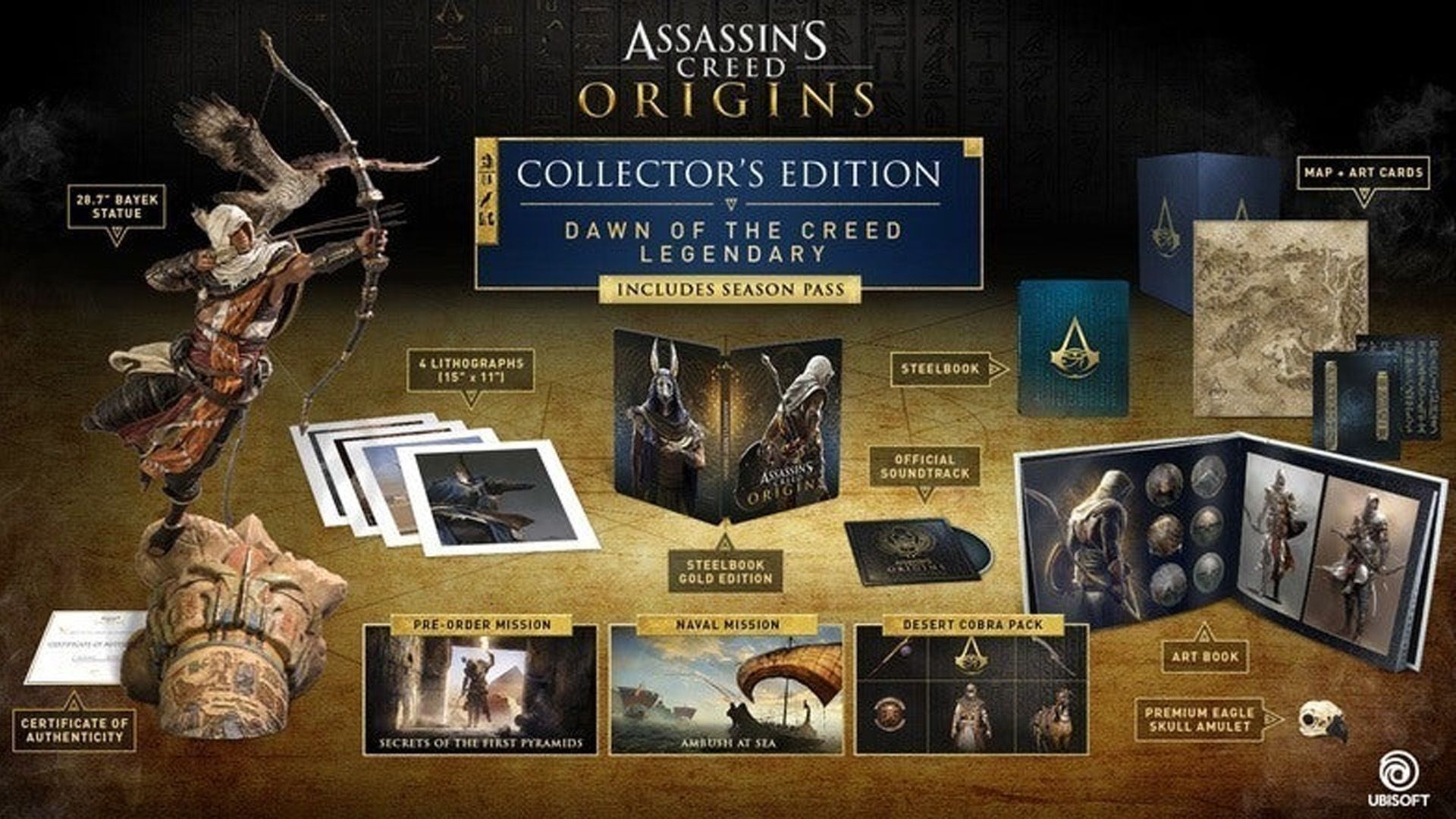 An image shows all the collectibles included in the Assassins Creed Origins Collector's Edition.