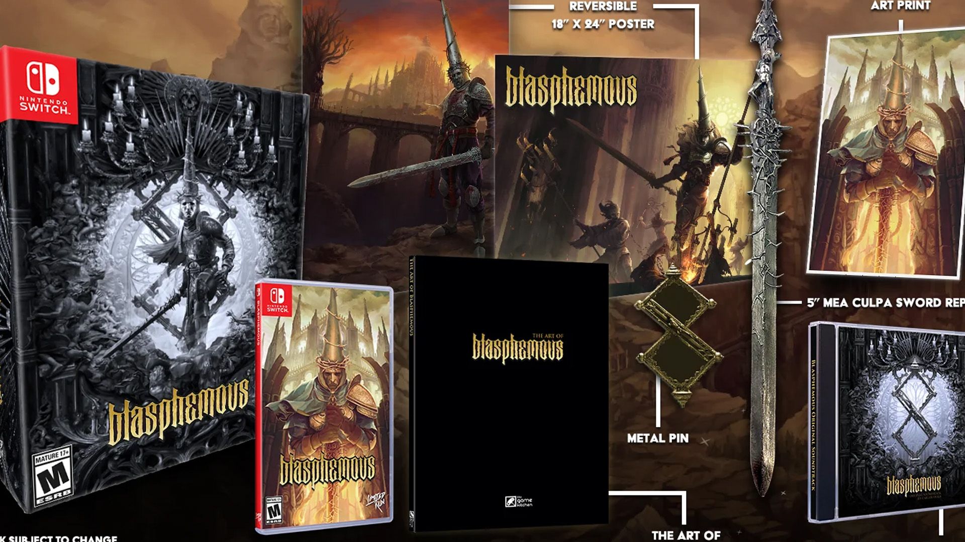 An image shows all the collectibles included in the Blasphemous Collector’s Edition