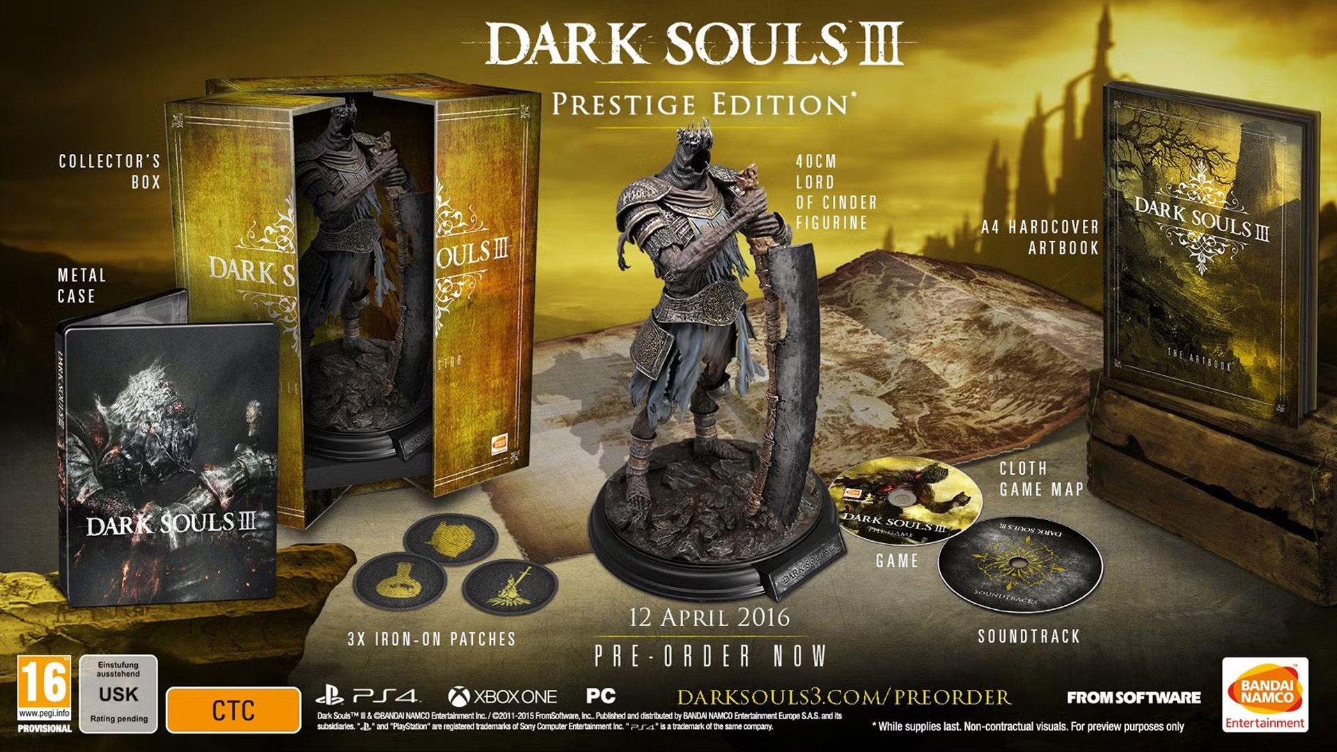 An image shows all the collectibles included in the Dark Souls 3 Prestige Edition.